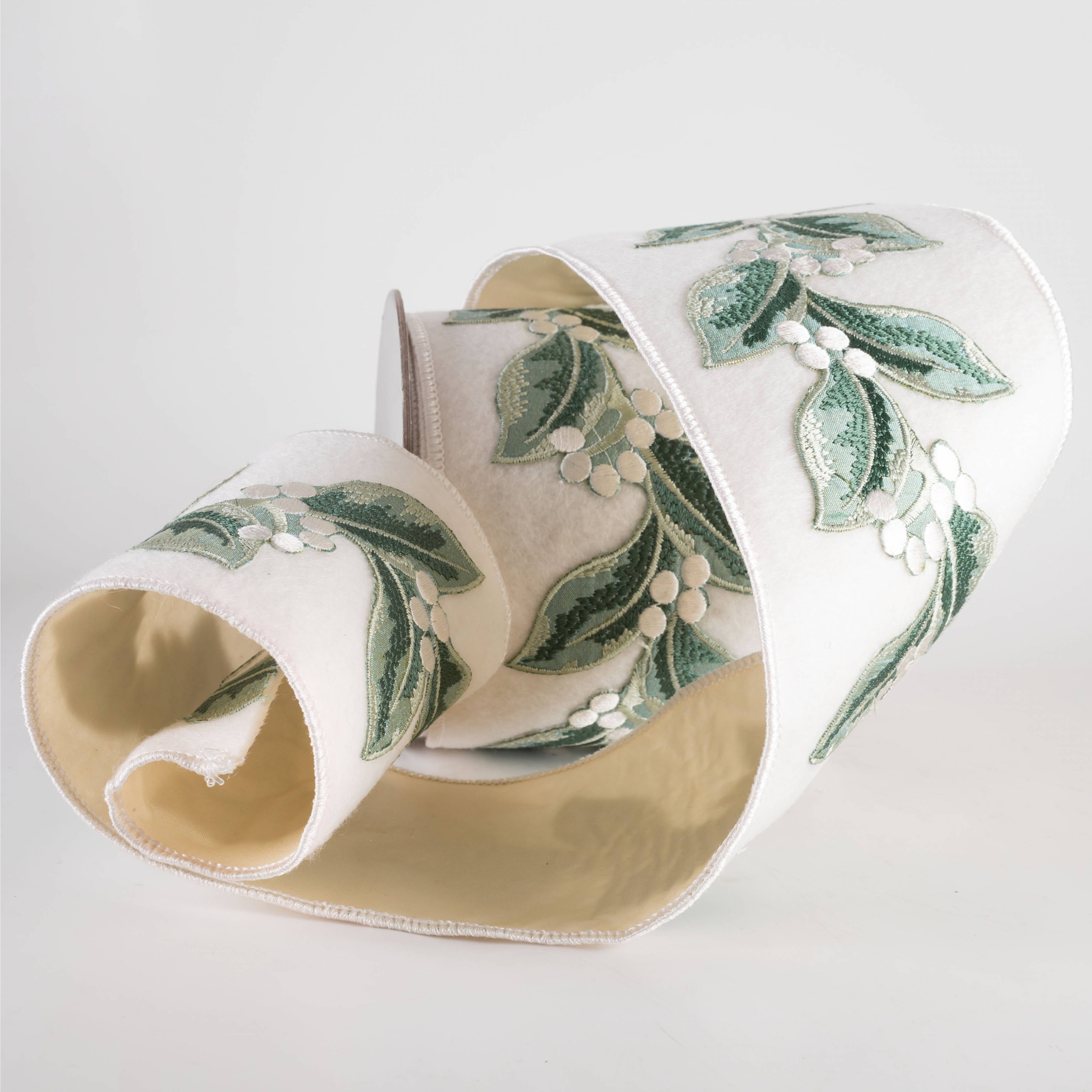4" Embroidered Leaves & White Berries Ribbon: Ivory (5 Yards)