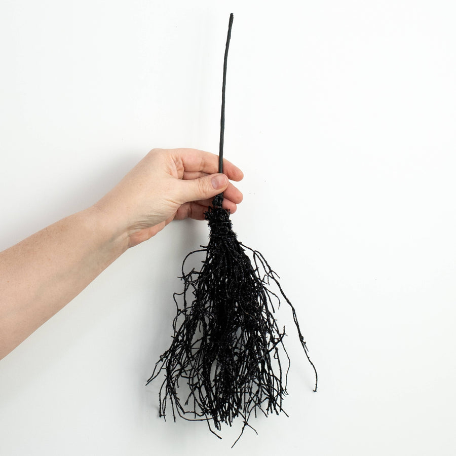 15" Glittered Angel Vine Witch Broom: Black