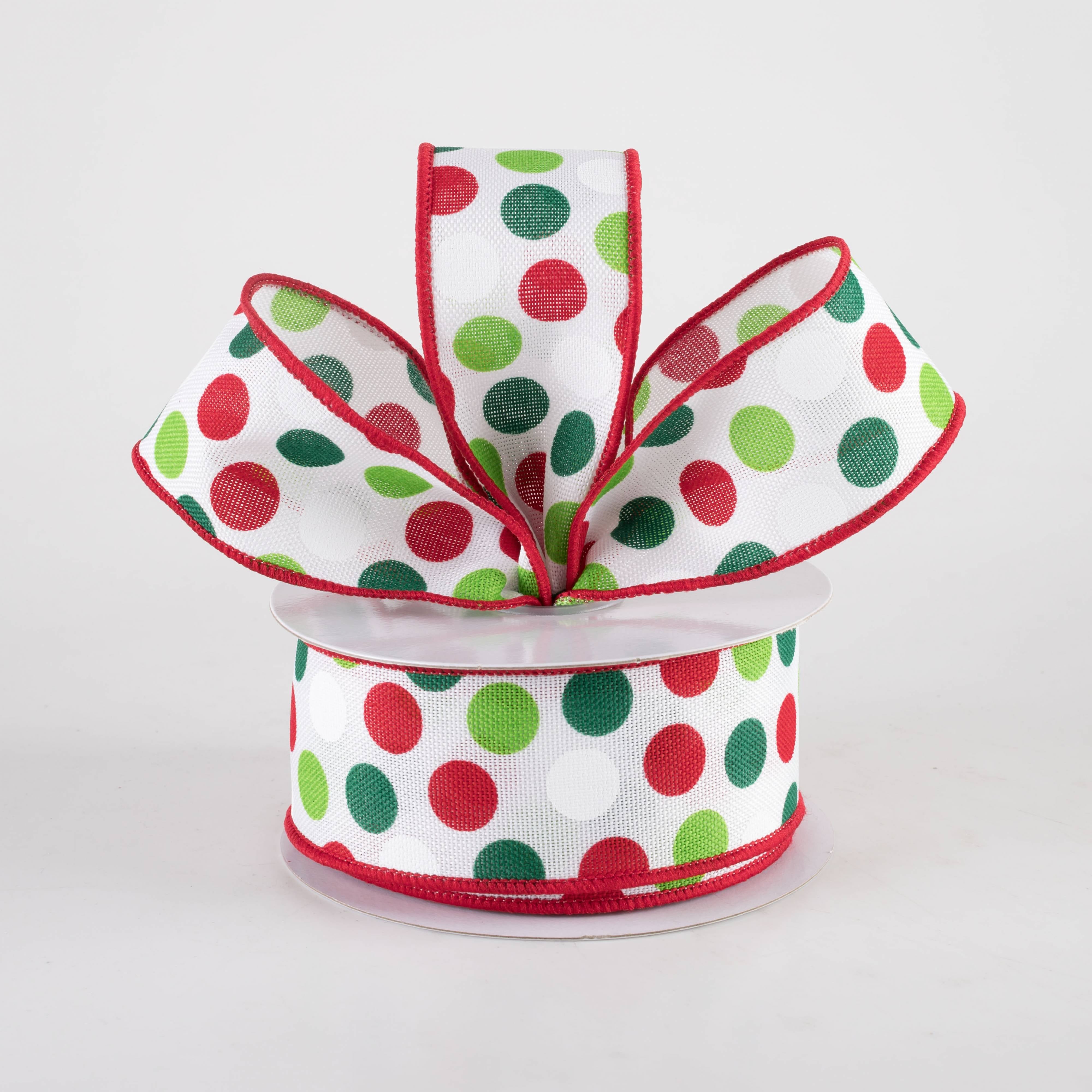1.5" Multi Dots Ribbon: Christmas Colors on White (10 Yards)