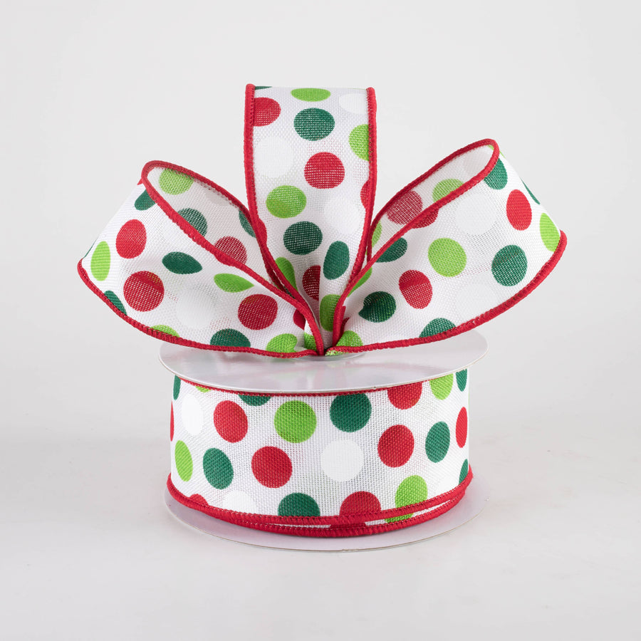 1.5" Multi Dots Ribbon: Christmas Colors on White (10 Yards)