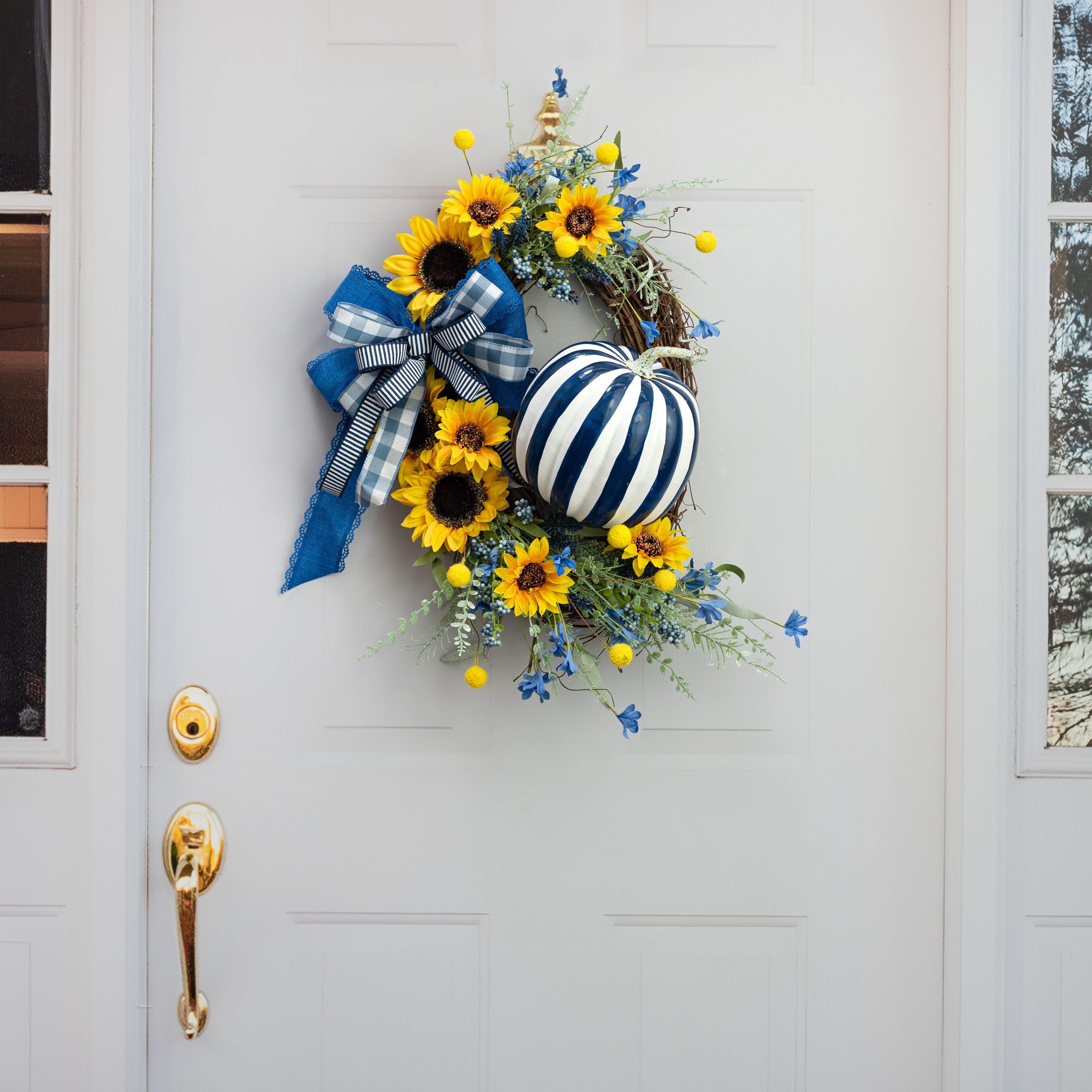 7.5" Striped Foam Pumpkin: Blue & White Lifestyle Photo