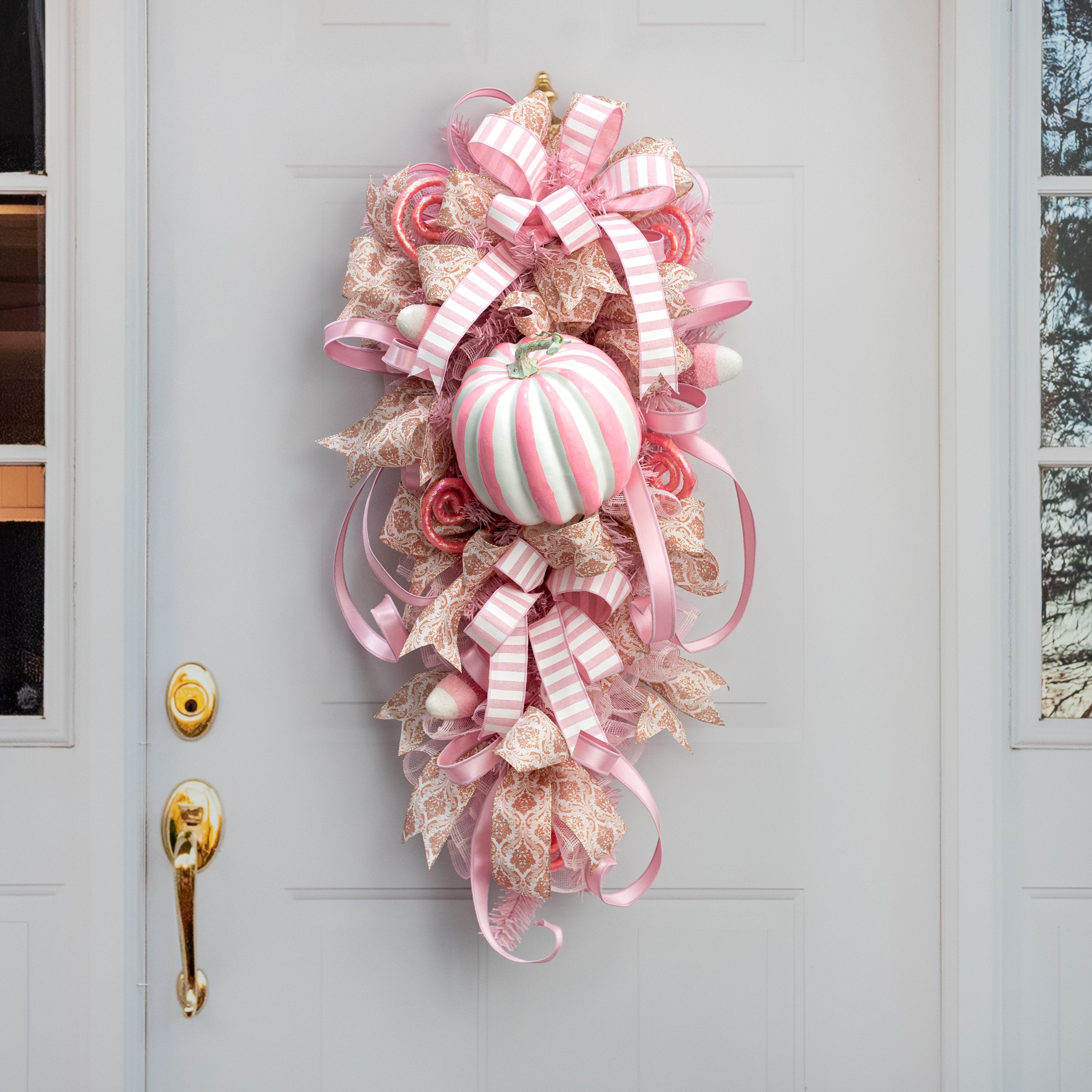 7.5" Striped Foam Pumpkin: Pink & White Lifestyle Photo