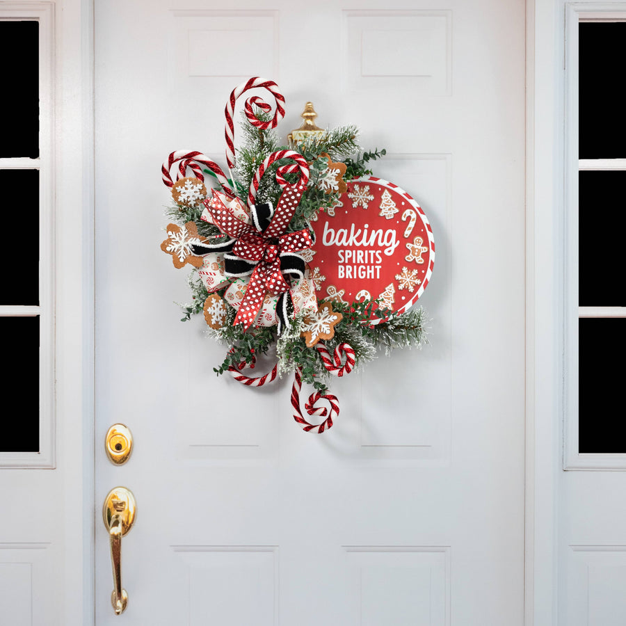 12" Metal Glittered Sign: Red Christmas Baking Spirits Bright