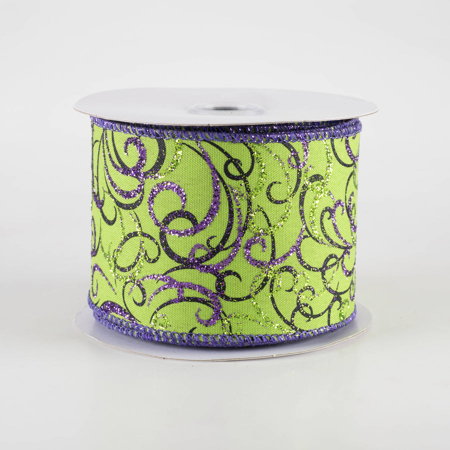 2.5" Glittered Multi Swirls Ribbon: Black & Purple on Lime Green (10 Yards)