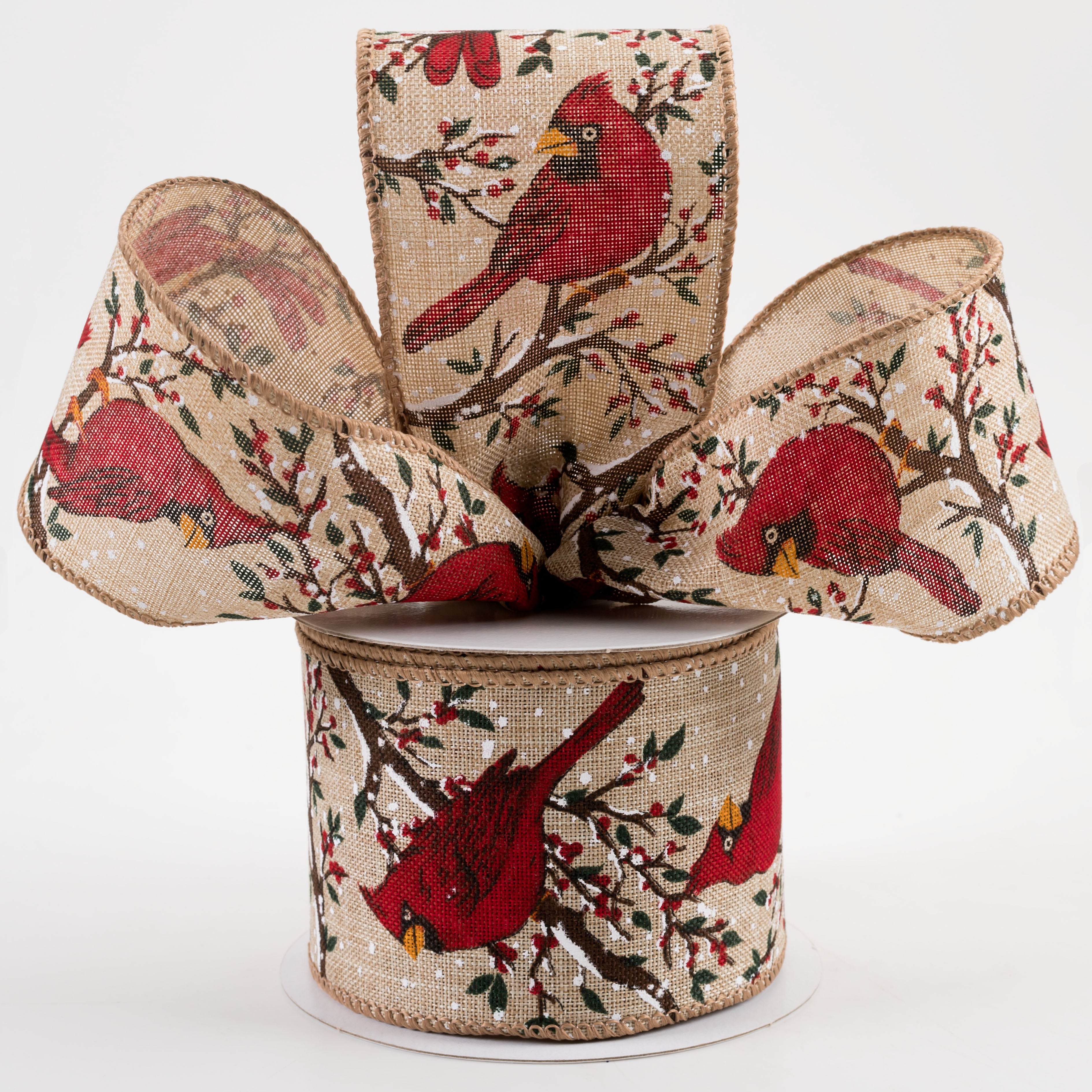 2.5" Linen Cardinals Snowy Tree Branches Ribbon: Natural (10 Yards)