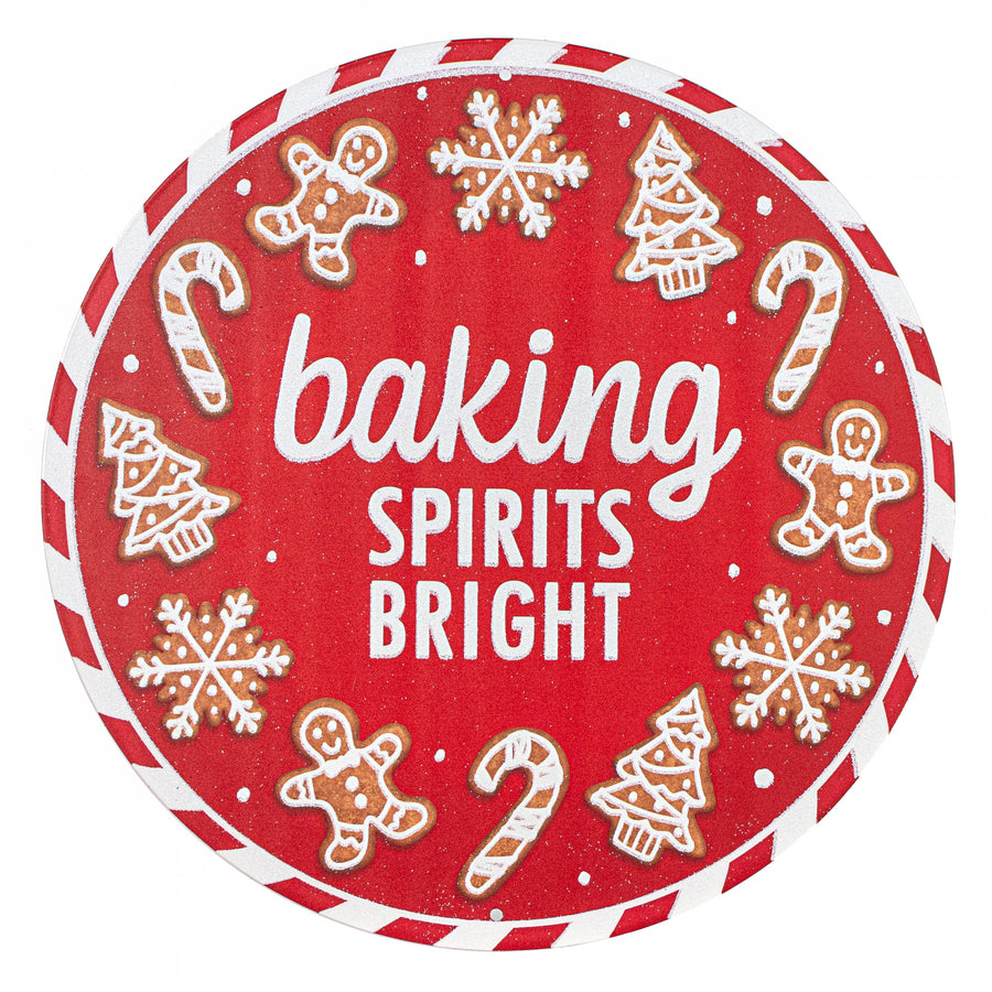 12" Metal Glittered Sign: Red Christmas Baking Spirits Bright