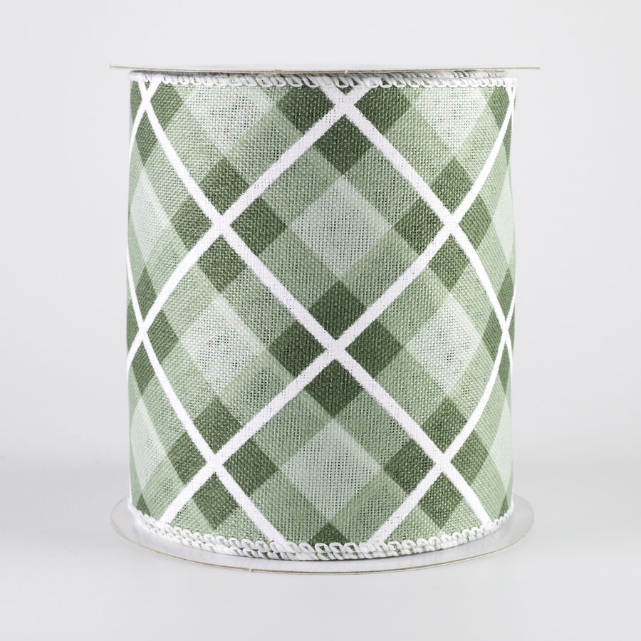 4" Georgina Plaid Ribbon: Sage, Hunter Green, White (10 Yards)