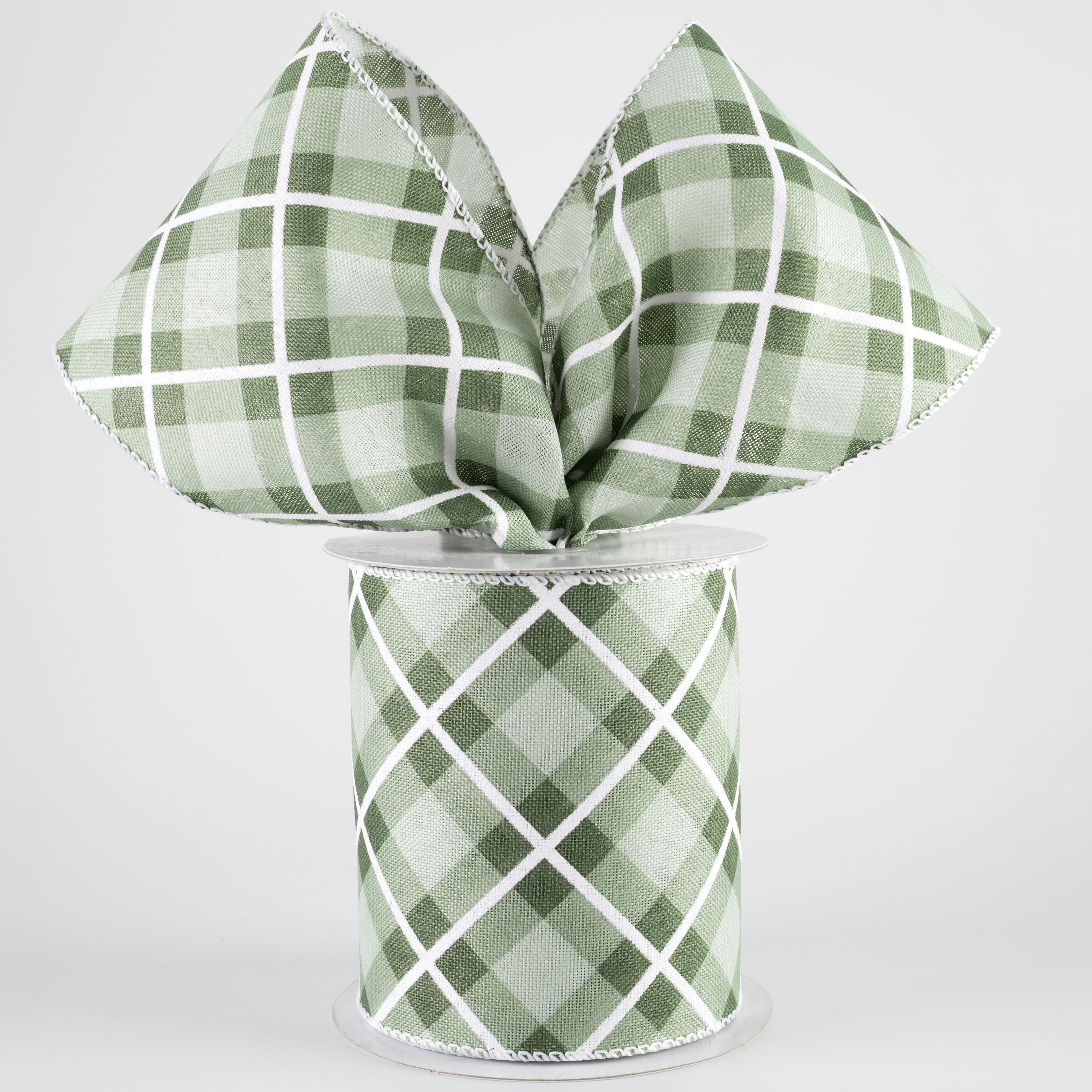 4" Georgina Plaid Ribbon: Sage, Hunter Green, White (10 Yards)
