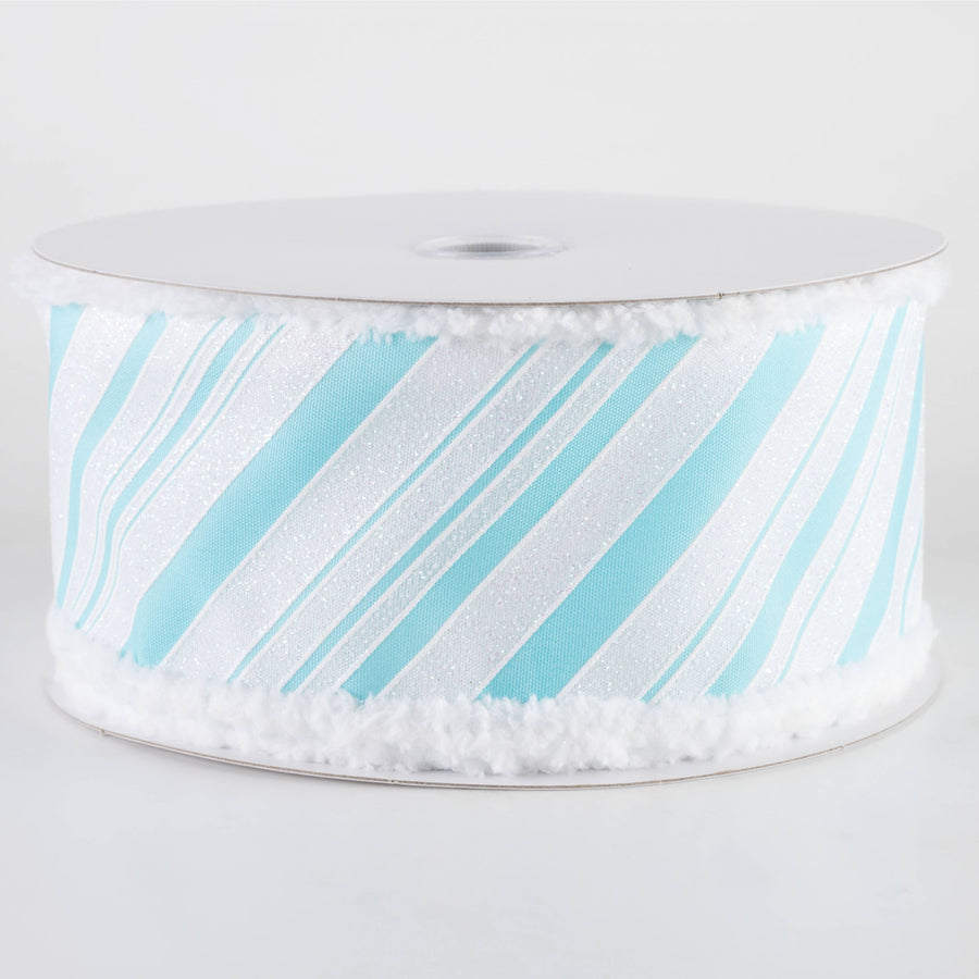 2.5" Iridescent Diagonal Stripe Candy Cane Snow Edge Ribbon: Blue & White (10 Yards)