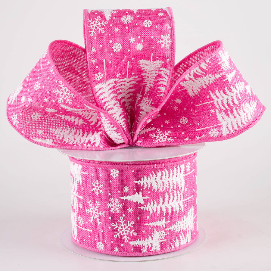2.5" Pine Trees & Snowflakes Ribbon: Hot Pink (10 Yards)