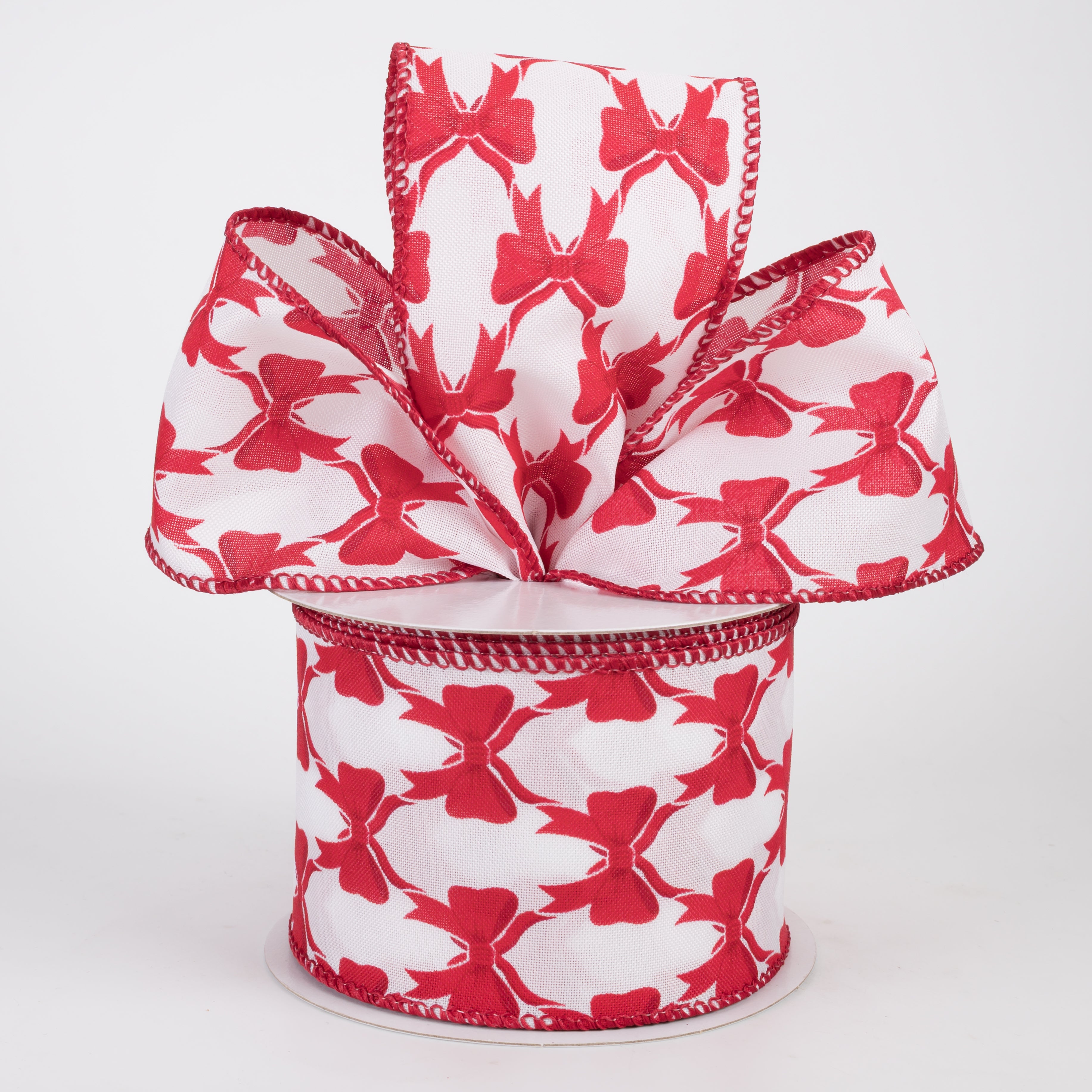 2.5" Patterned Bows Satin Ribbon: Red on White (10 Yards)