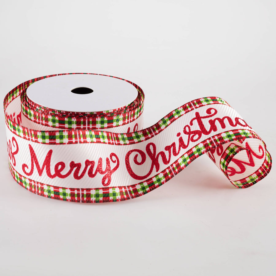 2.5" Textured Satin Merry Christmas Plaid Edge Ribbon (10 Yards)