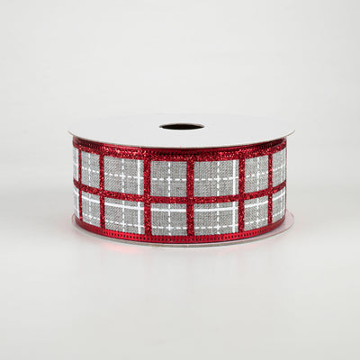 1.5" Glitter Square Plaid Ribbon: Light Grey, White, Red (10 Yards)