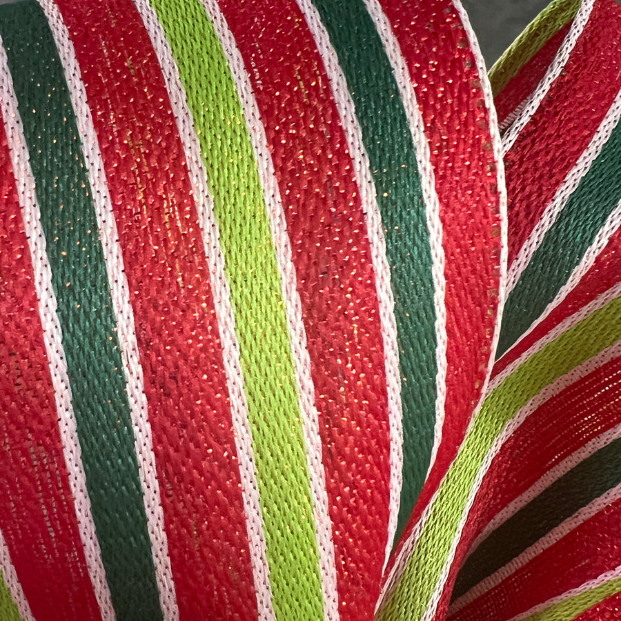 2.5" Metallic Woven Cabana Stripe Ribbon: Red, Green & White (50 Yards)