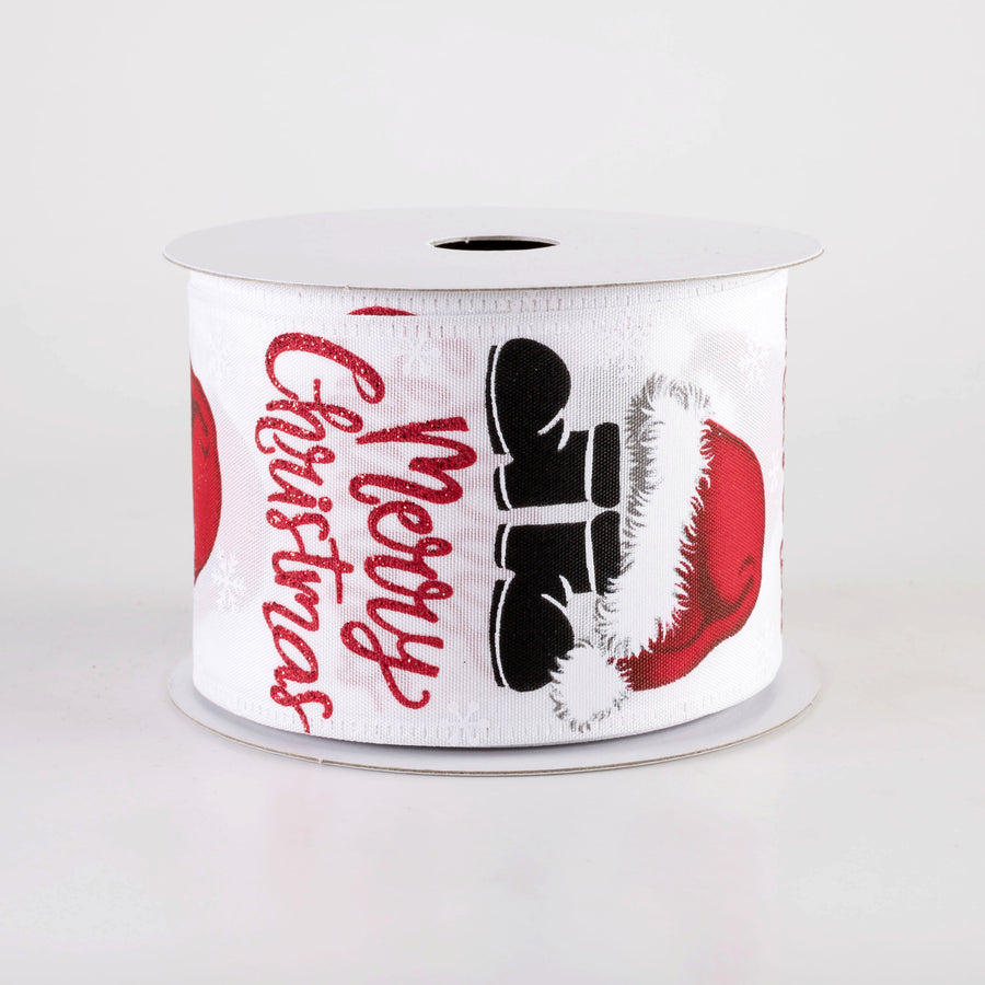 2.5" Santa Hat & Boots Merry Christmas Ribbon: White (10 Yards)