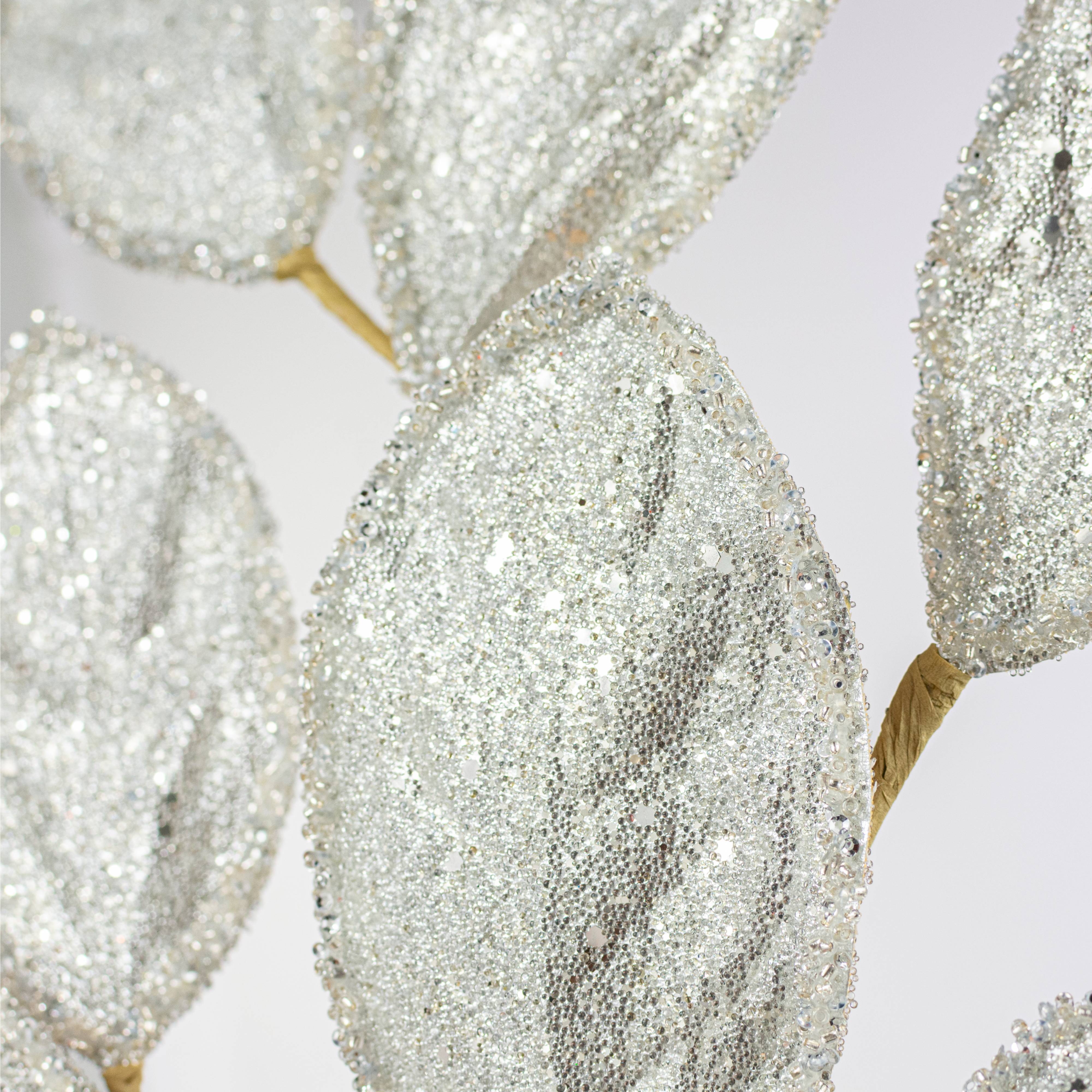 27" Beaded Glitter Leaf Spray: Platinum Silver