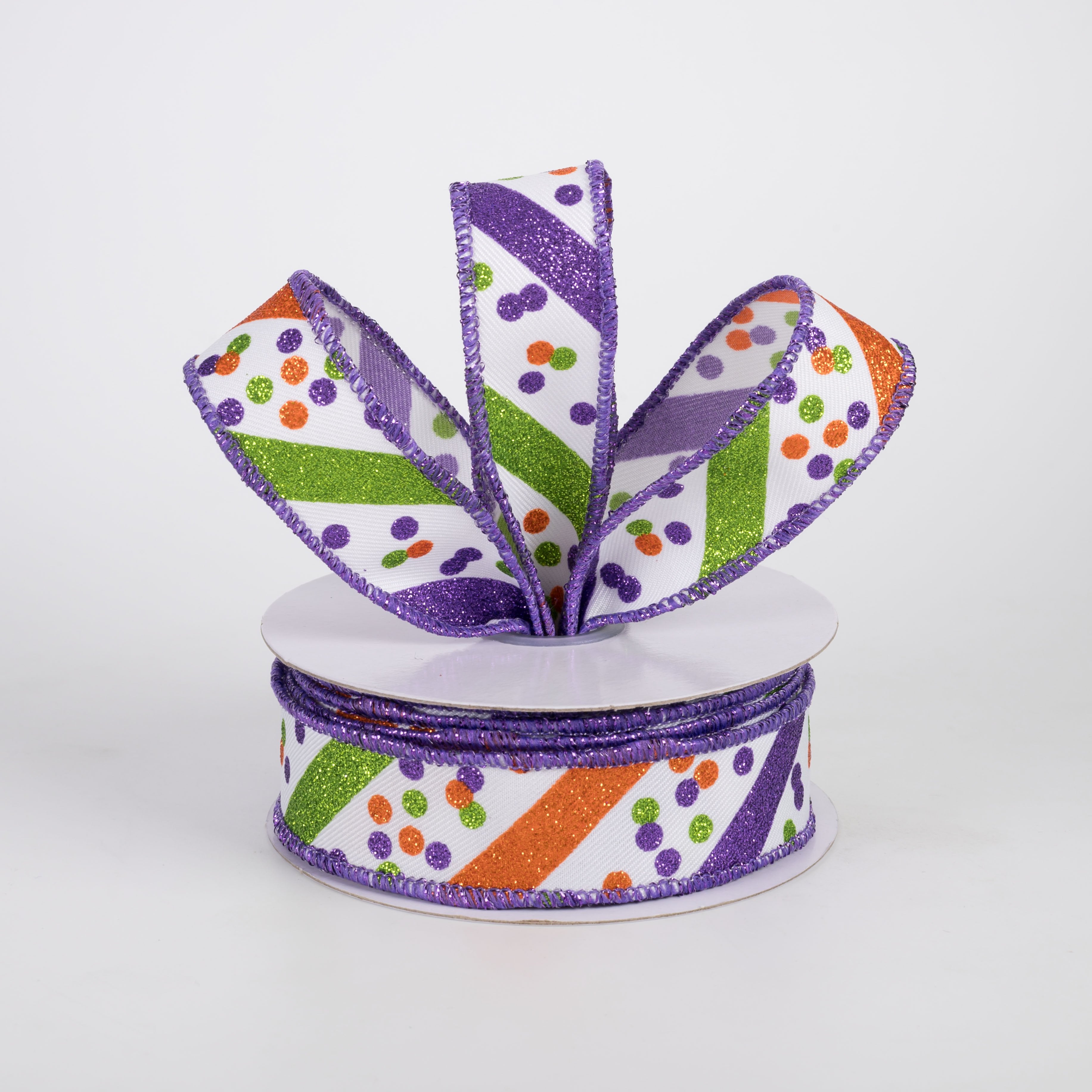 7/8" Diagonal Glitter Stripes & Confetti Dots Ribbon: Bright Halloween (10 Yards) Lifestyle Photo