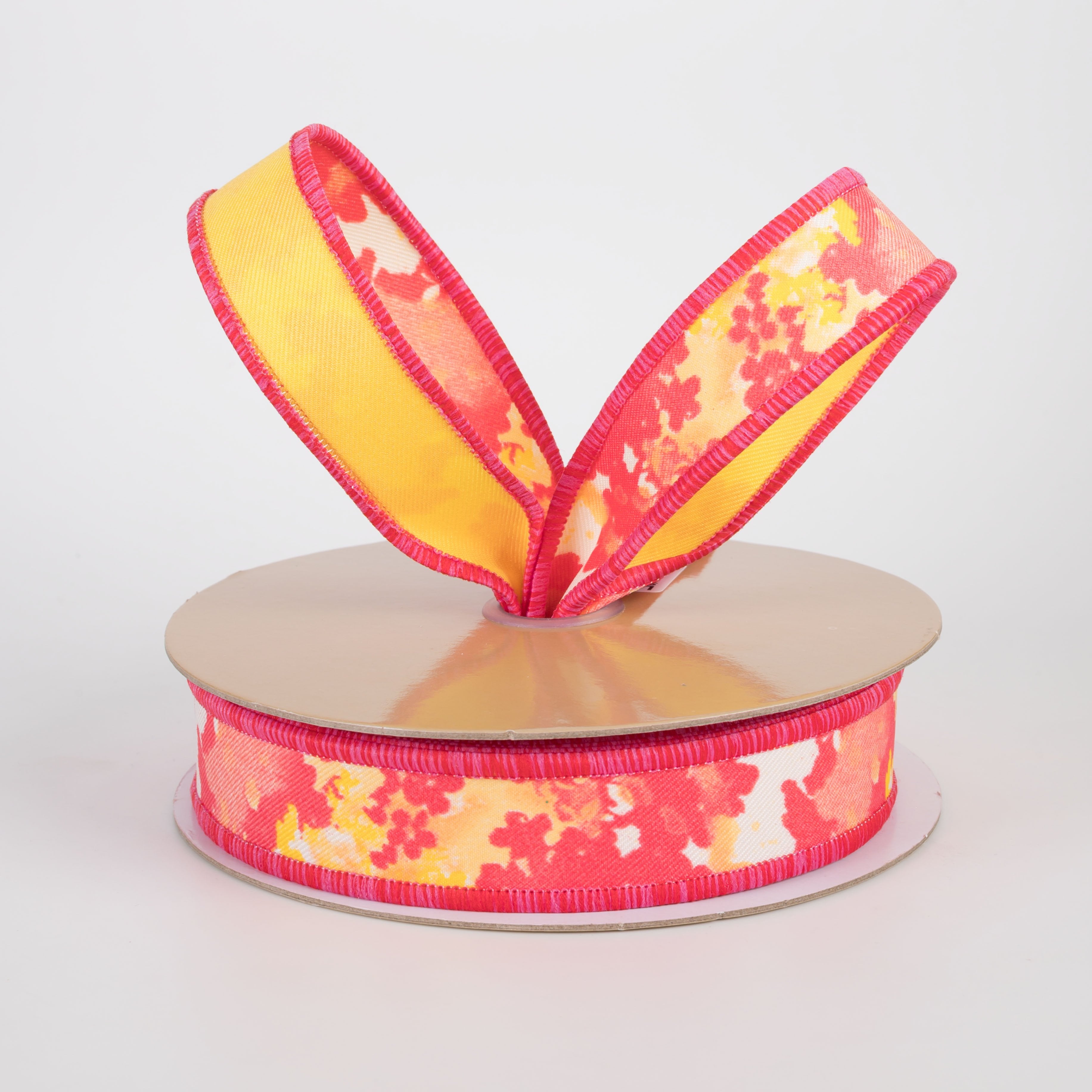 7/8" Double Sided Fused Abstract Print Ribbon: Hot Pink & Yellow (10 Yards) Lifestyle Photo