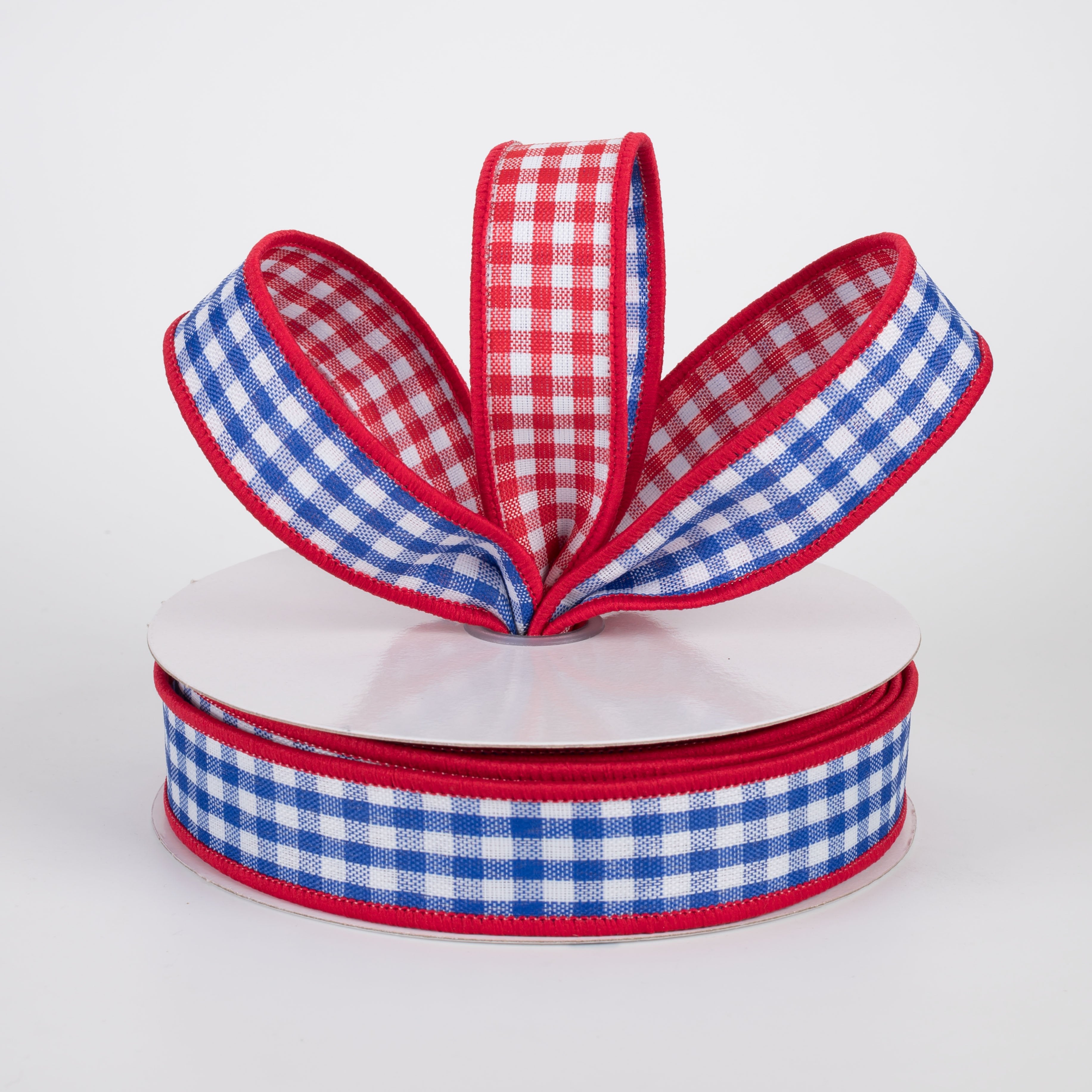 7/8" Double Sided Gingham Check Ribbon: Blue & Red (10 Yards) Lifestyle Photo