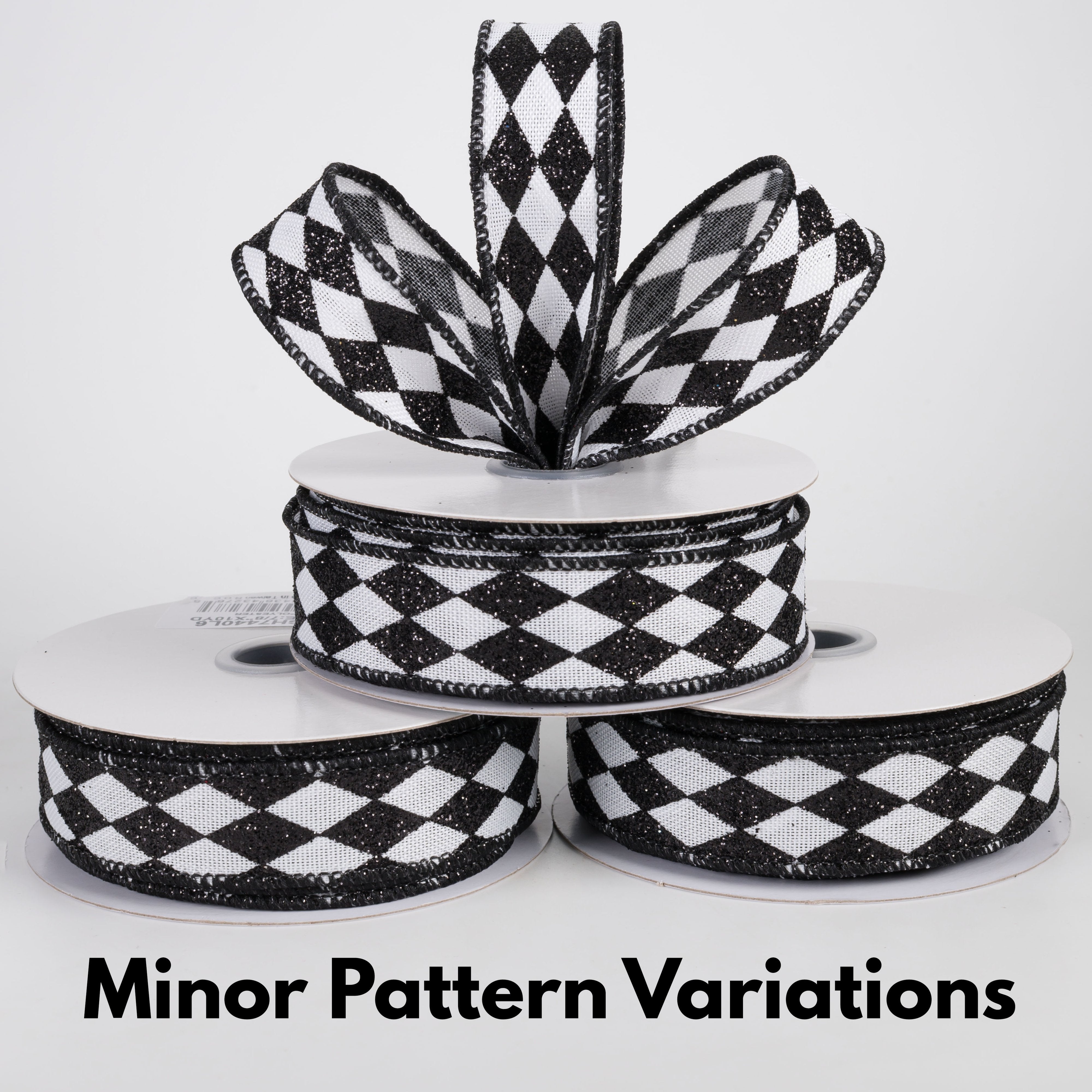 7/8" Glitter Harlequin Ribbon: Black on White (10 Yards) Lifestyle Photo