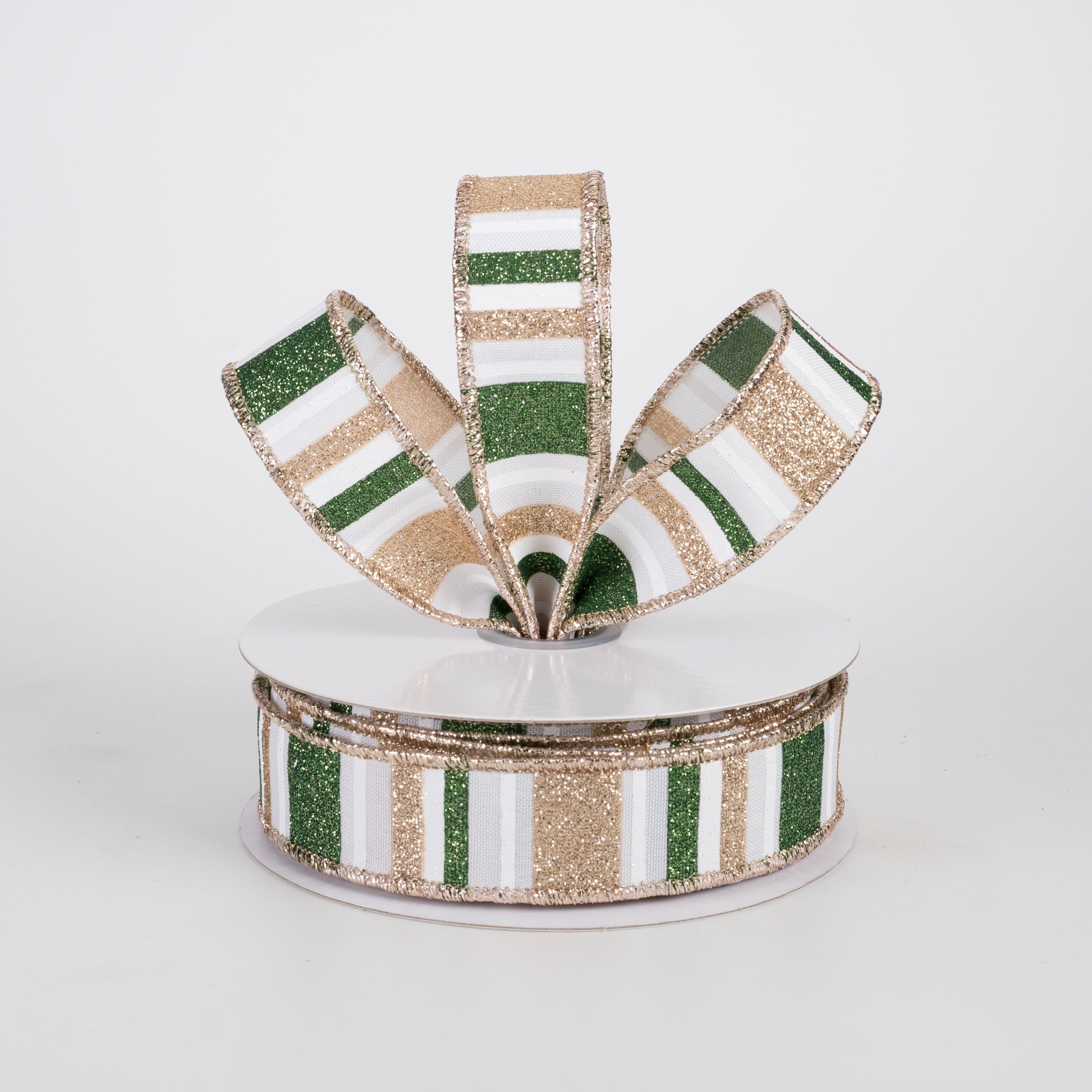 7/8" Multi Glitter Stripes Ribbon: Sage Green, Champagne Gold  & White (10 Yards) Lifestyle Photo