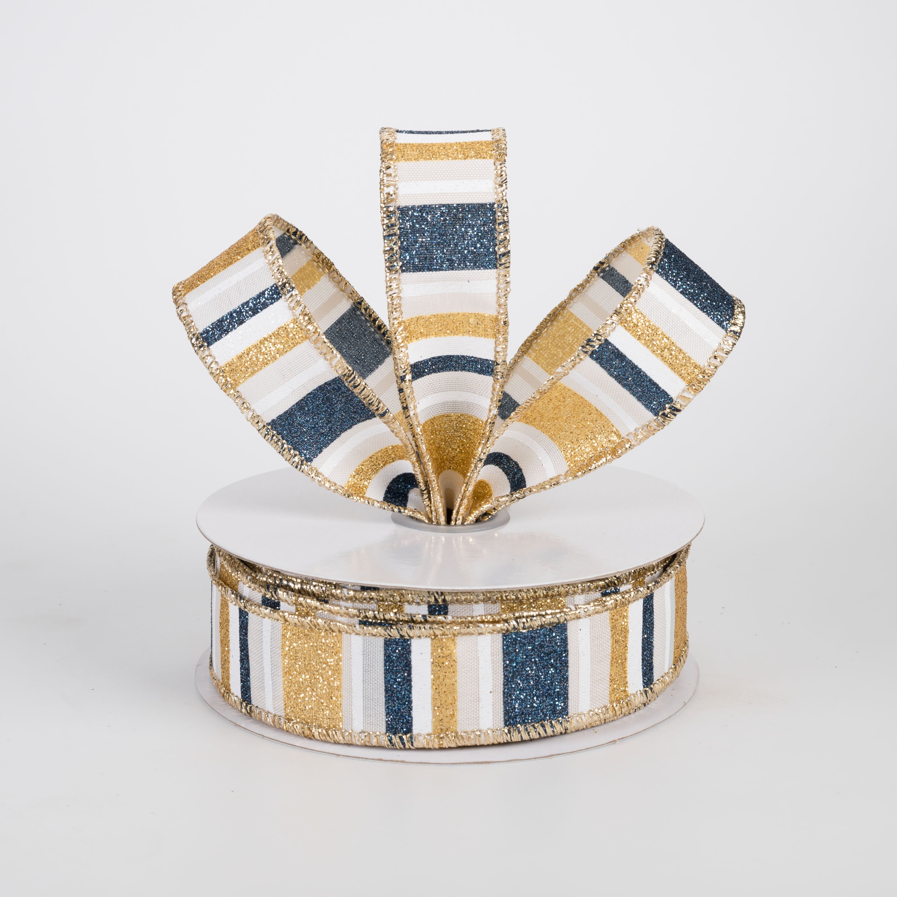 7/8" Multi Glitter Stripes Ribbon: Smoke Blue, Gold, Cream & White (10 Yards) Lifestyle Photo