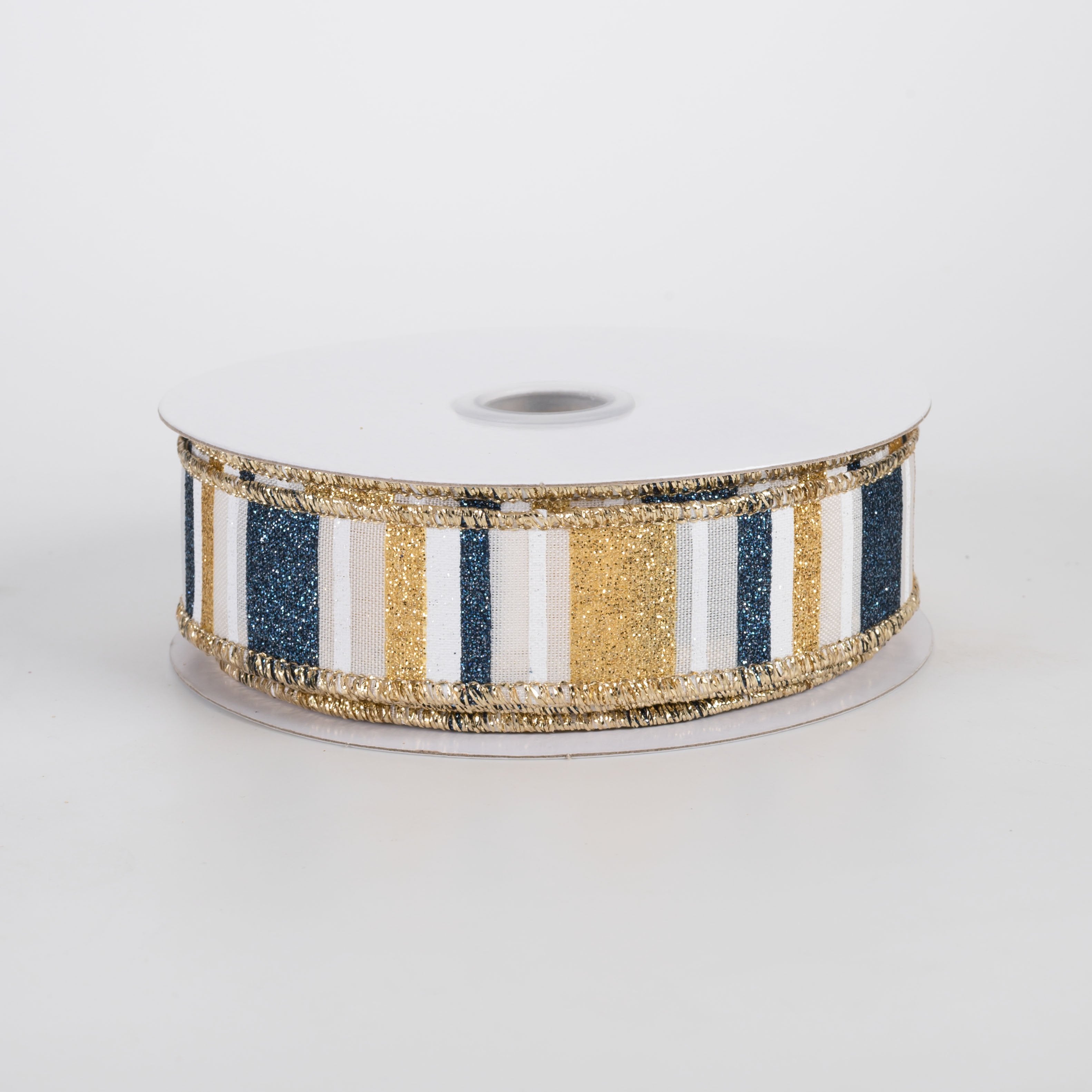 7/8" Multi Glitter Stripes Ribbon: Smoke Blue, Gold, Cream & White (10 Yards) Item Number: RGF7918C2