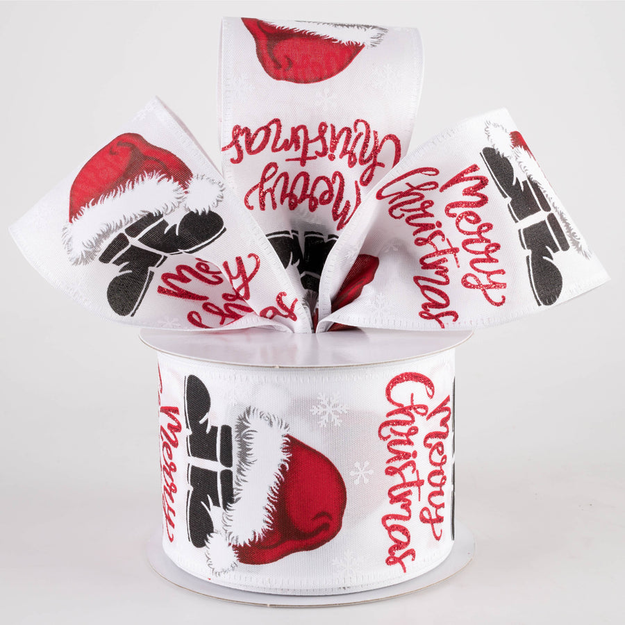 2.5" Santa Hat & Boots Merry Christmas Ribbon: White (10 Yards)