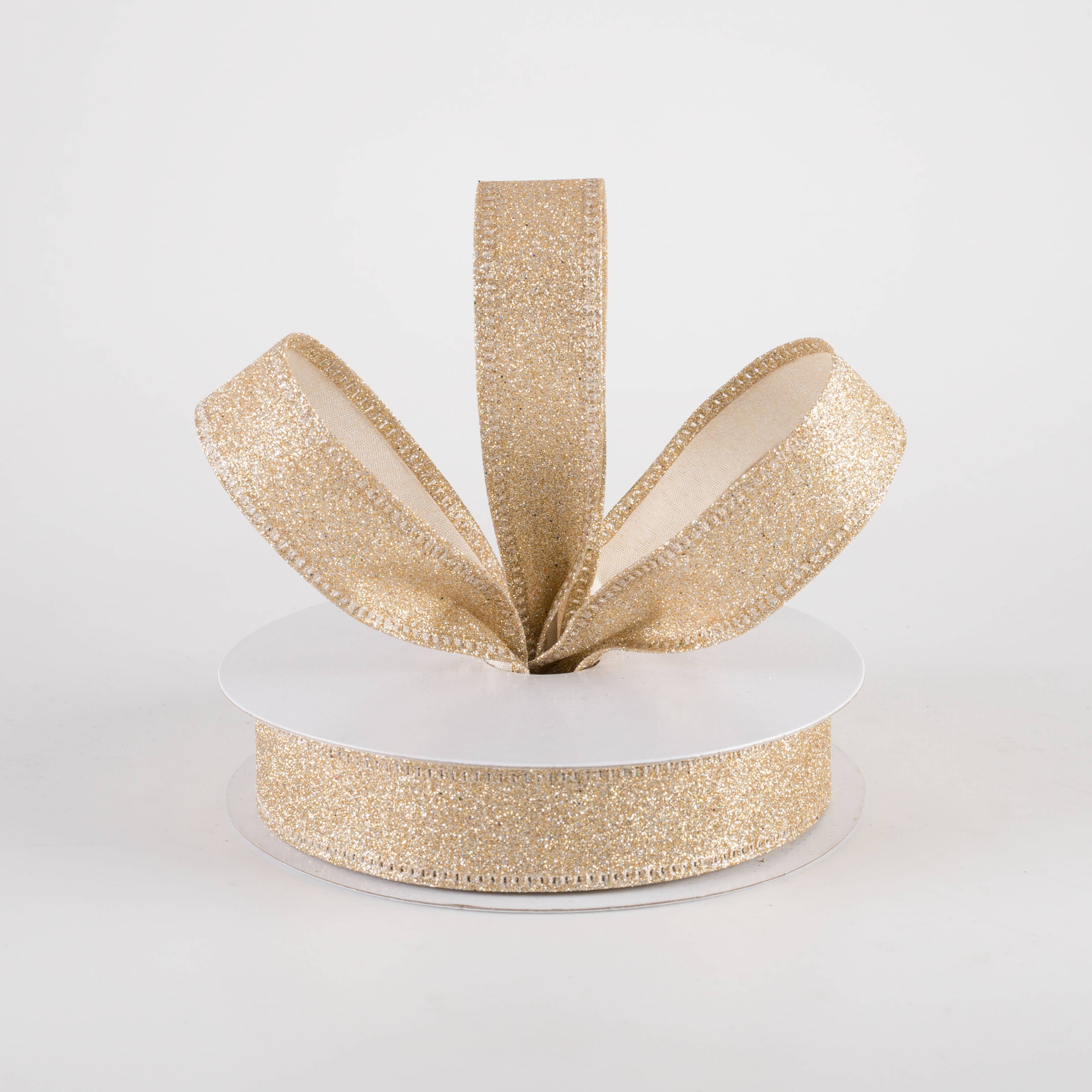 7/8" All Flat Glitter Wired Ribbon: Champagne Gold (10 Yards)