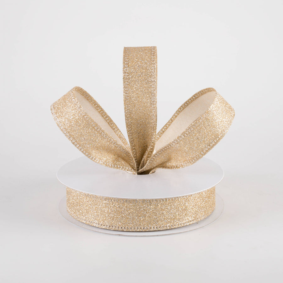7/8" All Flat Glitter Wired Ribbon: Champagne Gold (10 Yards)