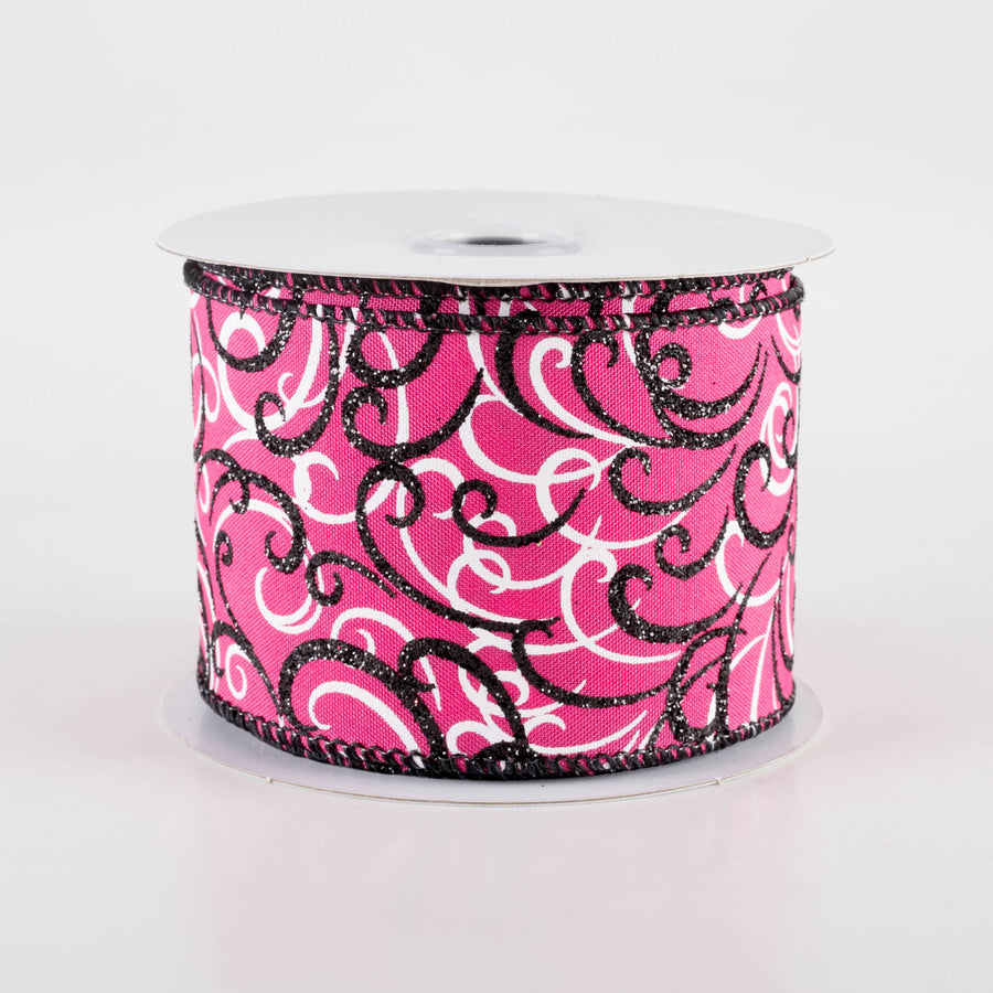2.5" Glittered Multi Swirls Ribbon: Black & White on Hot Pink (10 Yards)