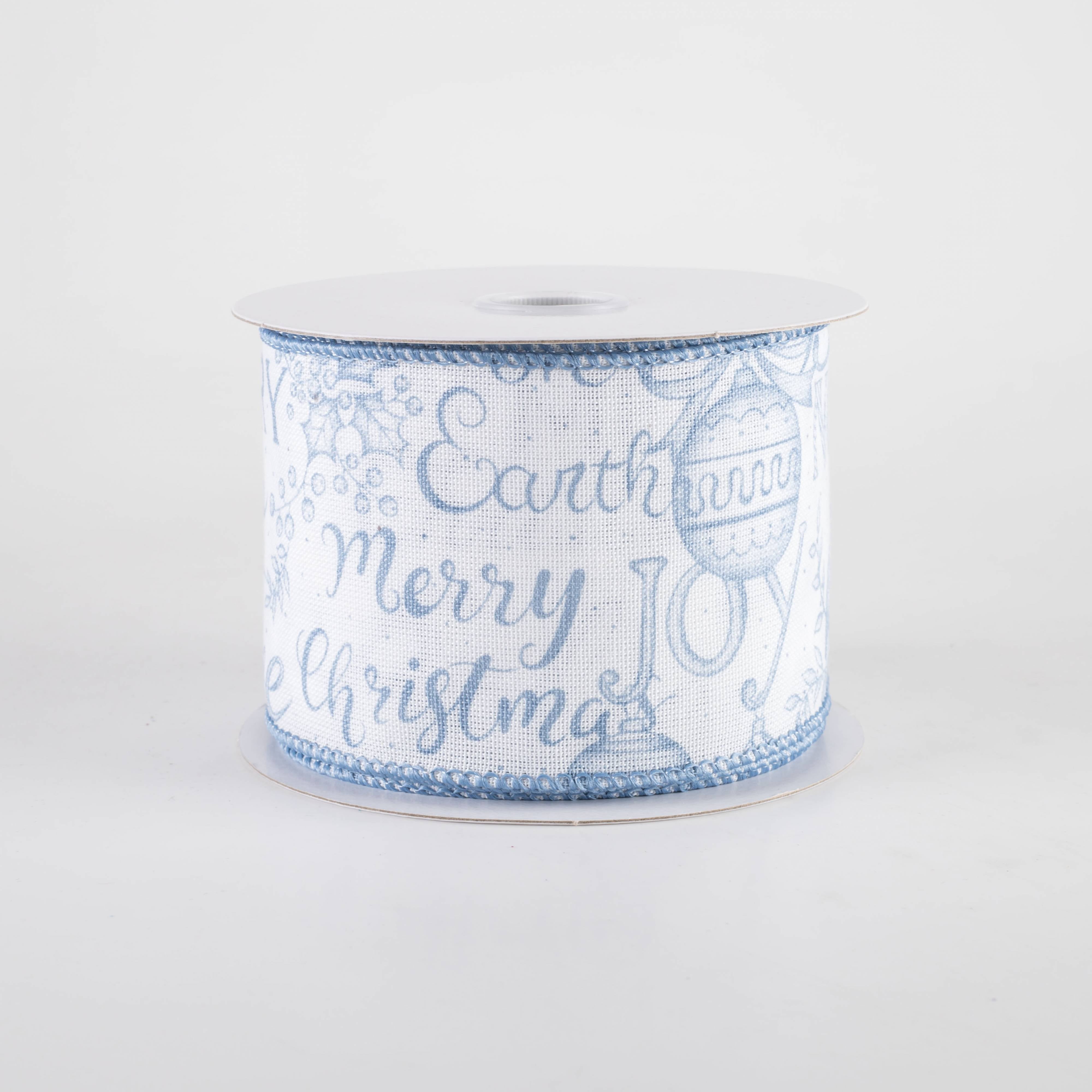 2.5" Linen Vintage Christmas Script Ribbon: Dusty Blue (10 Yards)