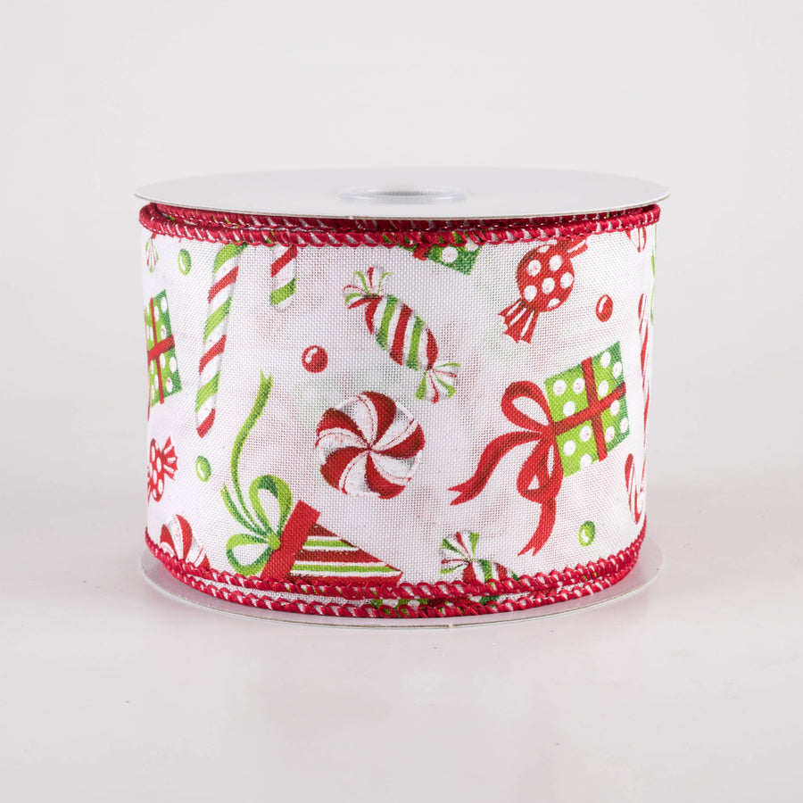 2.5" Christmas Presents & Candy Canes Ribbon: White, Red, Lime (10 Yards)
