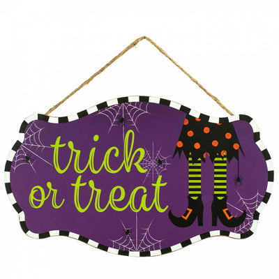 12" Wooden Scalloped Sign: Trick or Treat Witch Legs