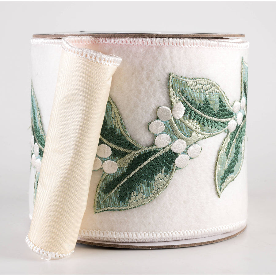 4" Embroidered Leaves & White Berries Ribbon: Ivory (5 Yards)