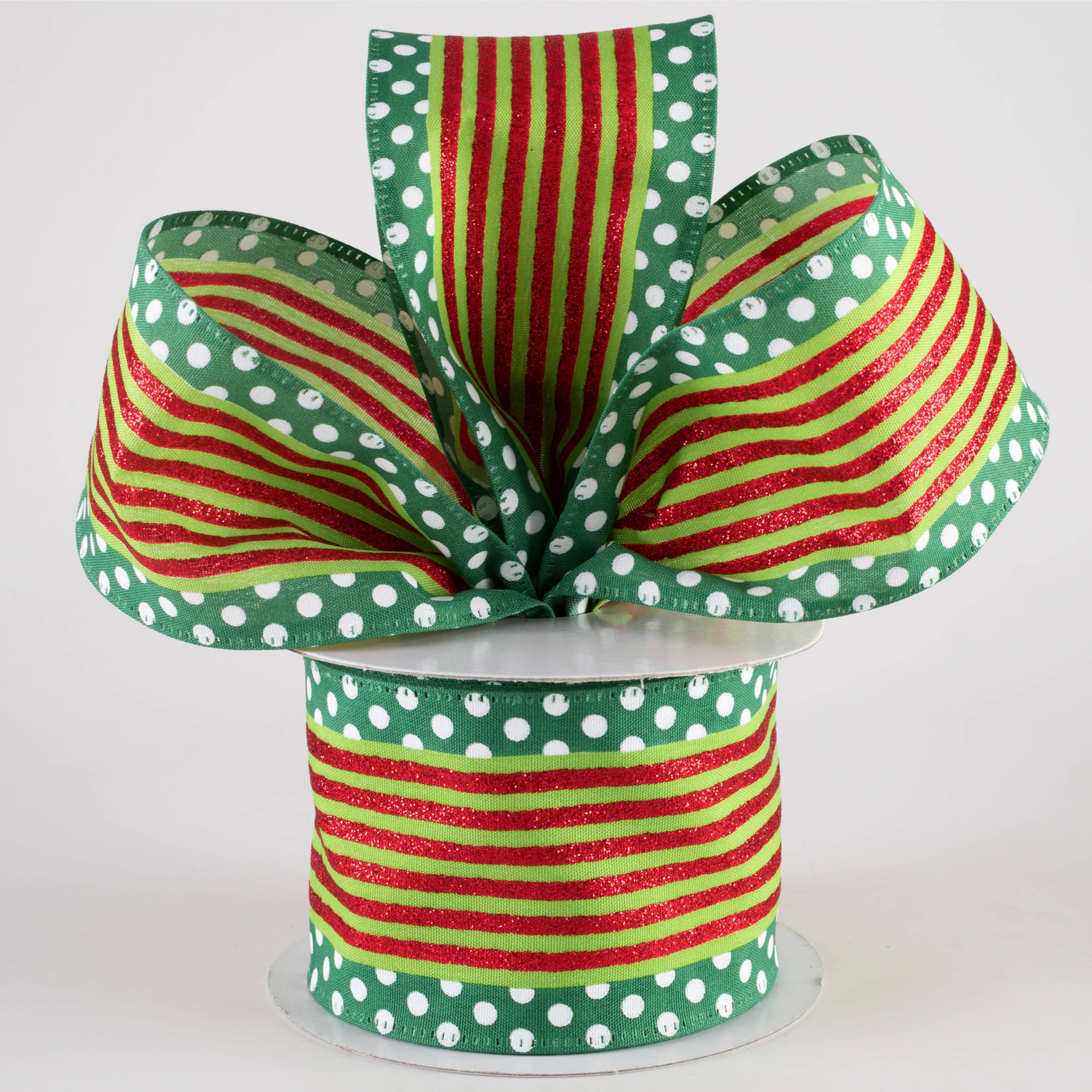 2.5" Cabana Stripe Dot Edge Ribbon: Lime, Red, Emerald (10 Yards)