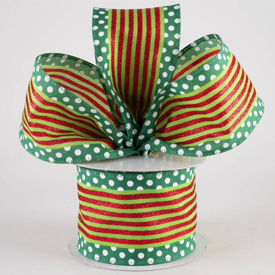 2.5" Cabana Stripe Dot Edge Ribbon: Lime, Red, Emerald (10 Yards)