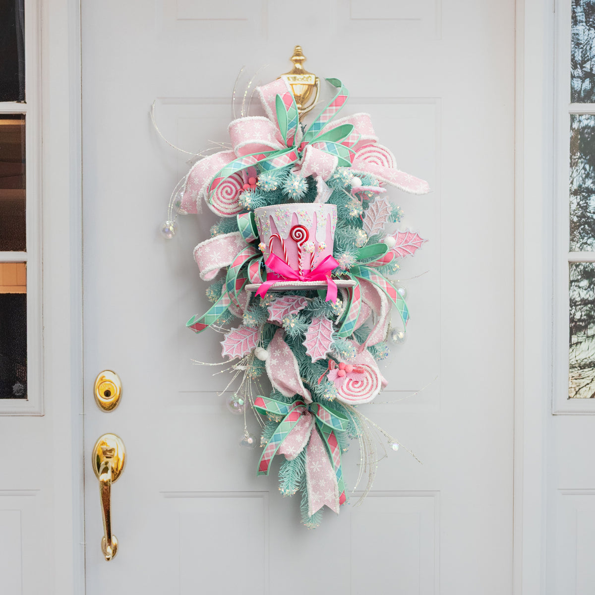 8.25" Velvet Frosted Candy Top Hat Decoration: Pink & White detail photo 3
