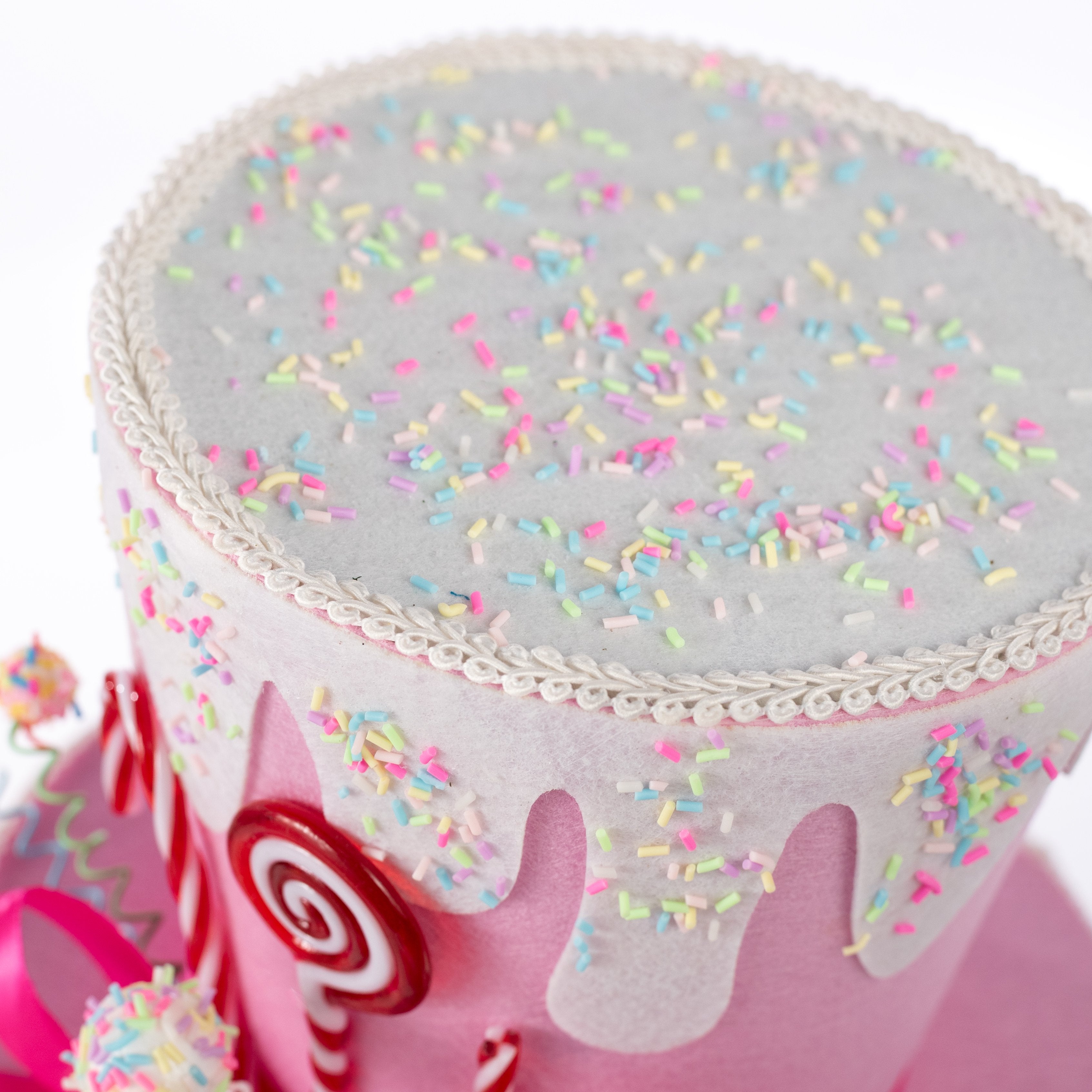 8.25" Velvet Frosted Candy Top Hat Decoration: Pink & White detail photo 5