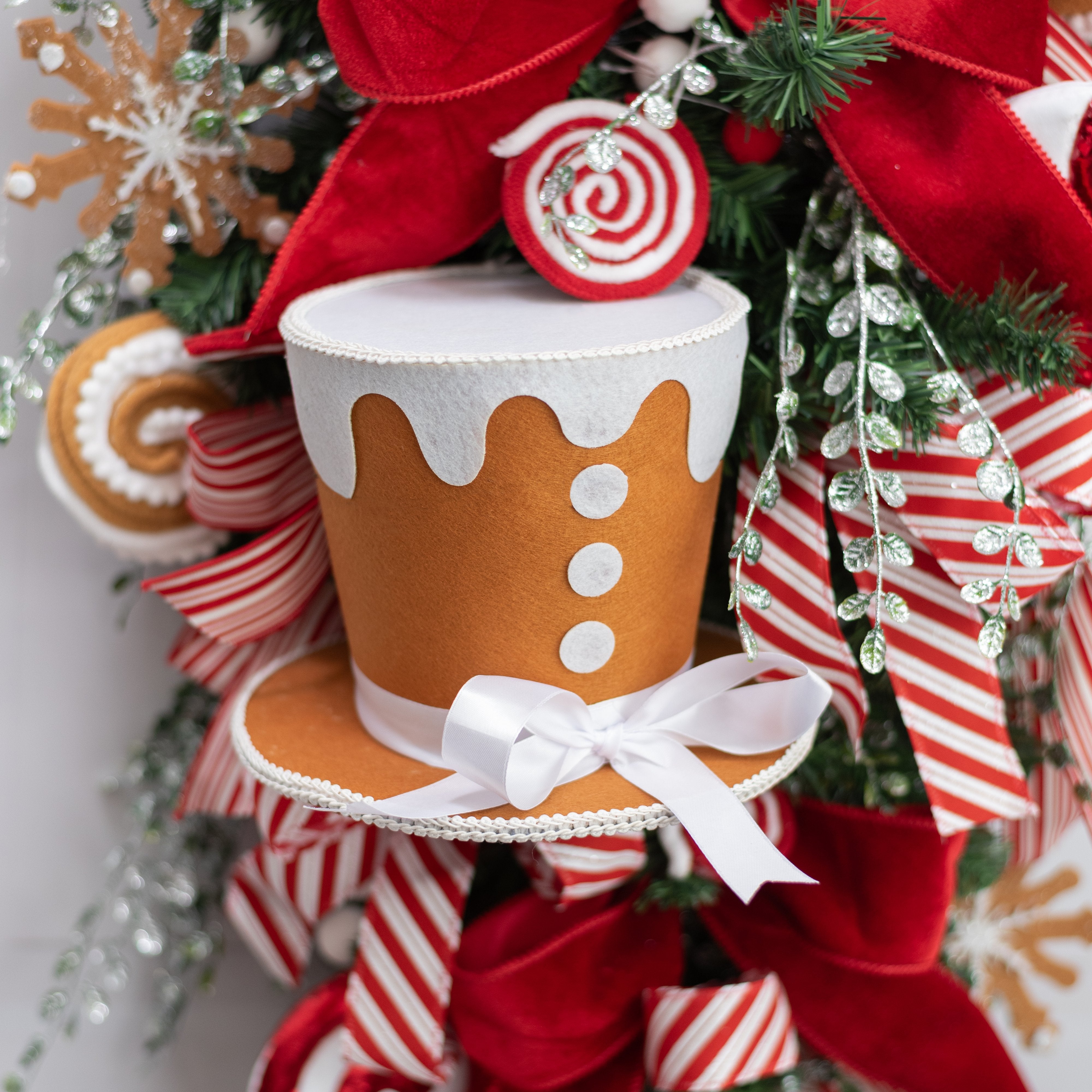 8.25" Velvet Gingerbread Top Hat Decoration: Tan & White Lifestyle Photo