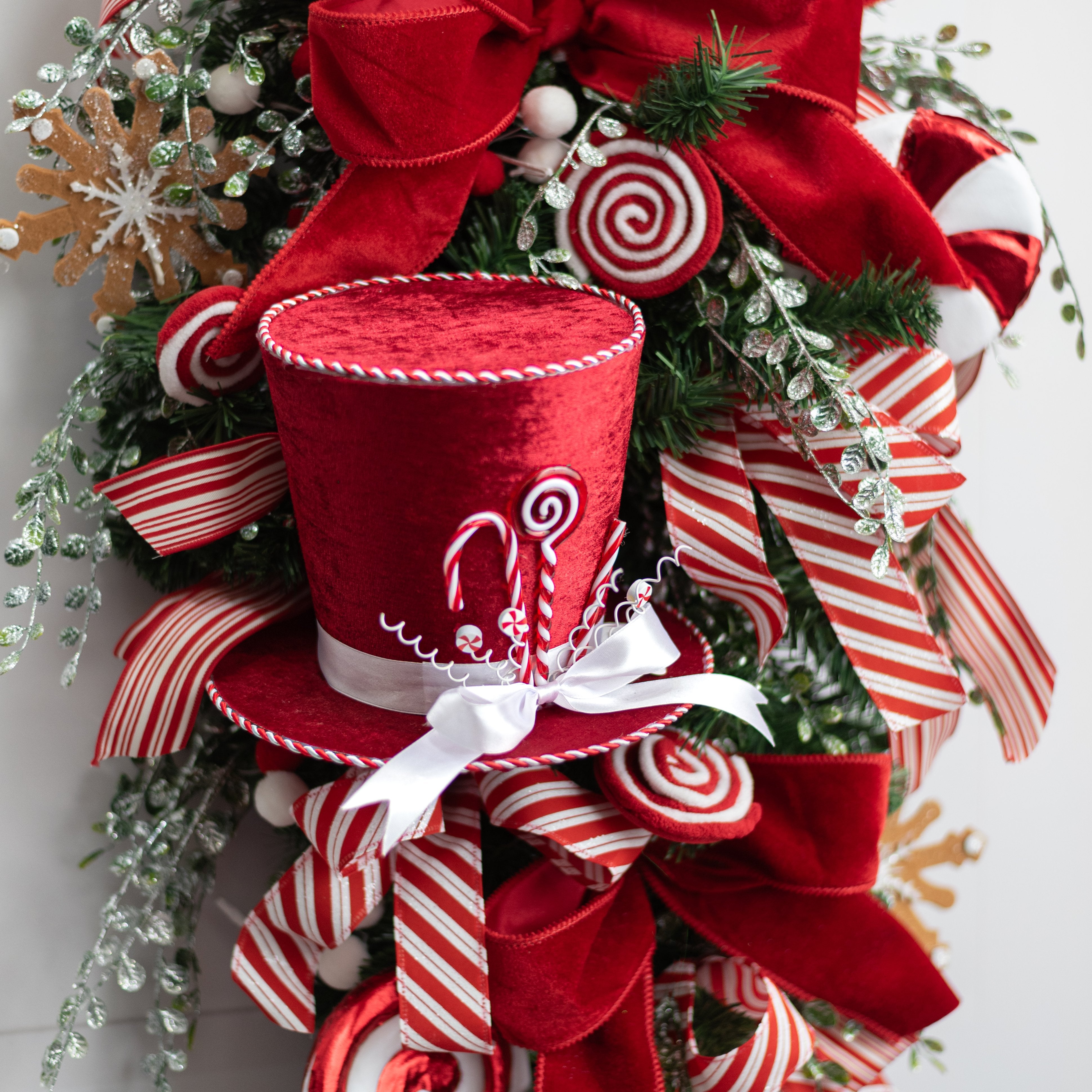 8.25" Velvet Peppermint Top Hat Decoration: Red & White Lifestyle Photo