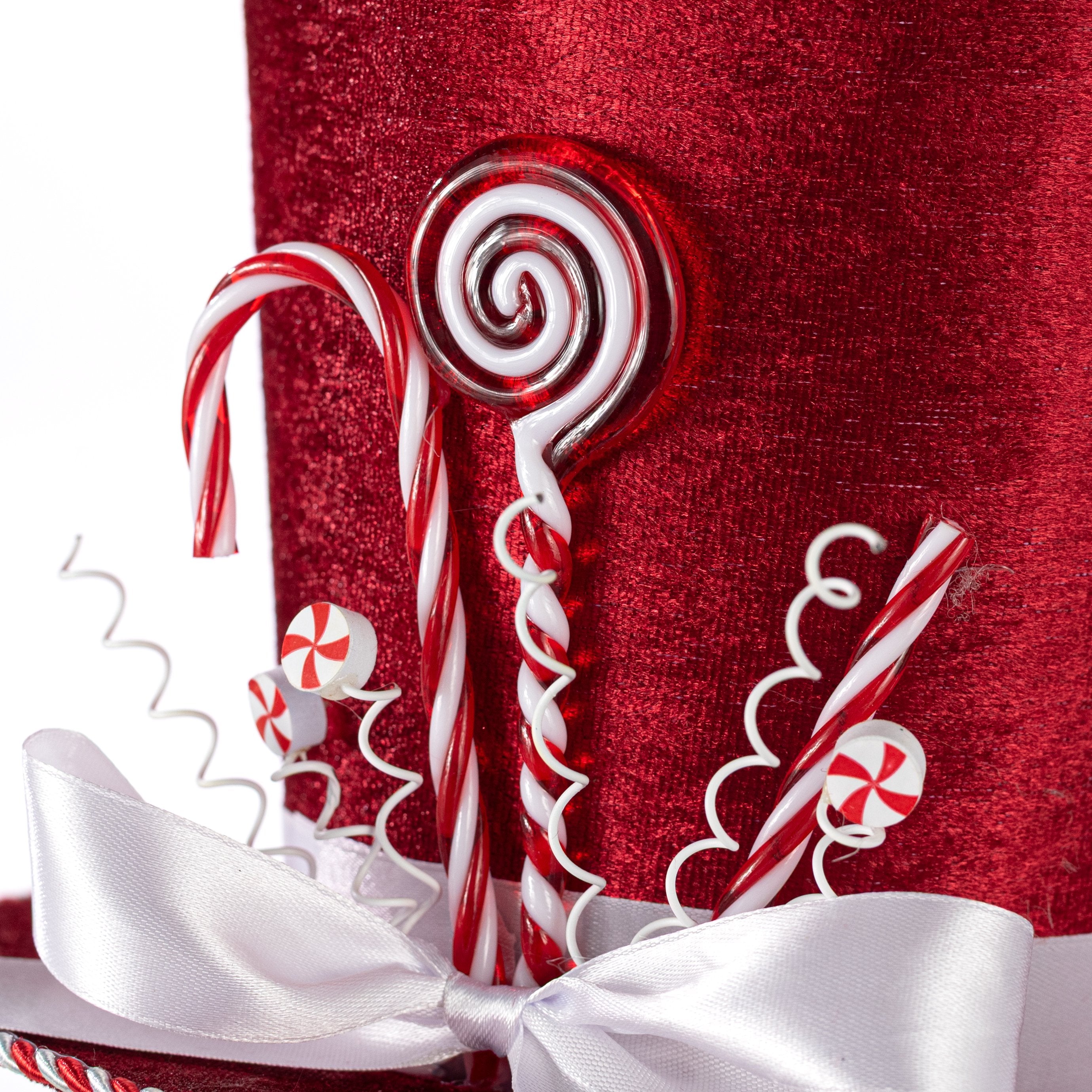 8.25" Velvet Peppermint Top Hat Decoration: Red & White detail photo 3