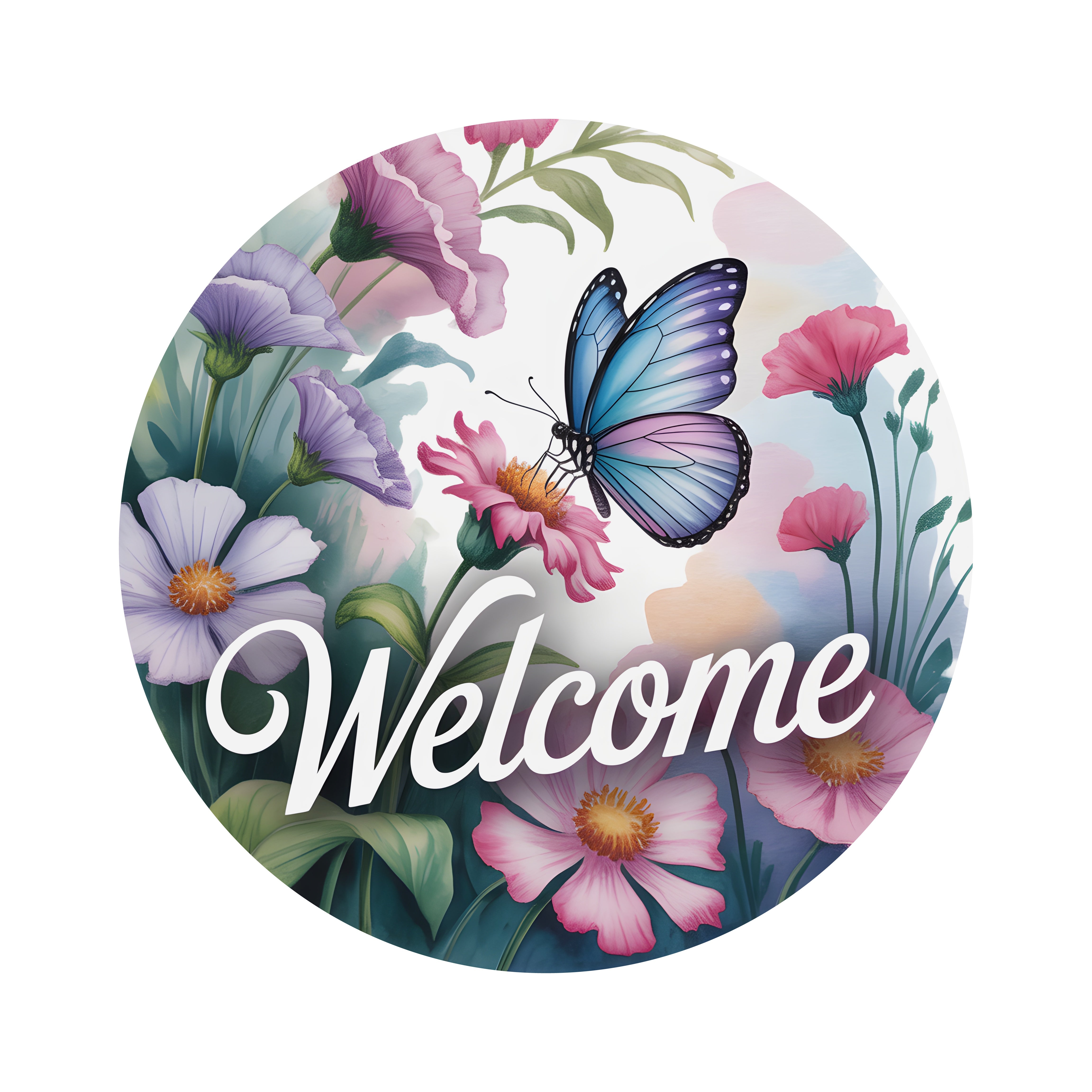 8.5" Round Waterproof Sign: Blue Butterfly Welcome Flower Garden Item Number: CD1397NH-085