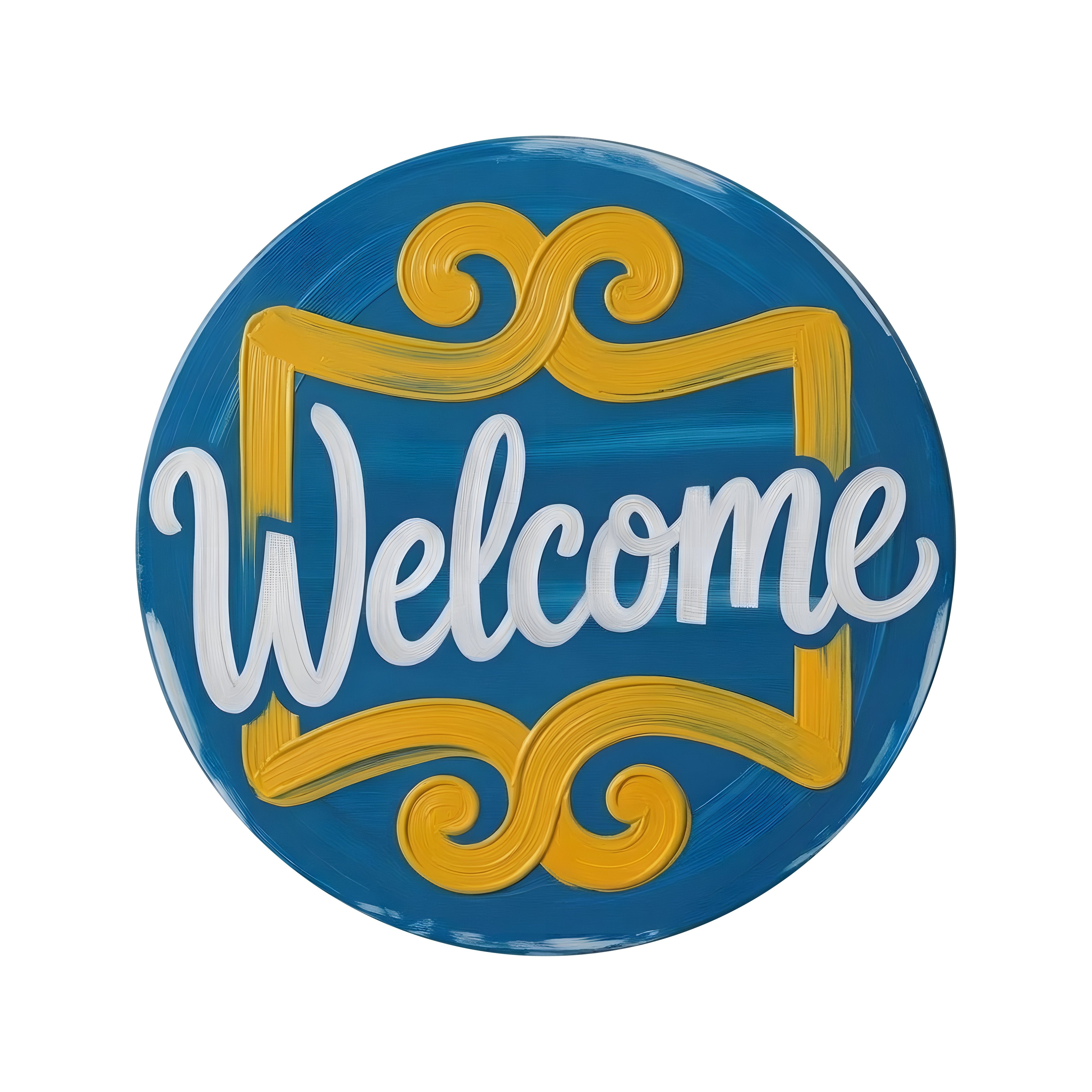 8.5" Round Waterproof Sign: Blue & Golden Yellow Brushstroke Welcome Item Number: CD1353NH-085