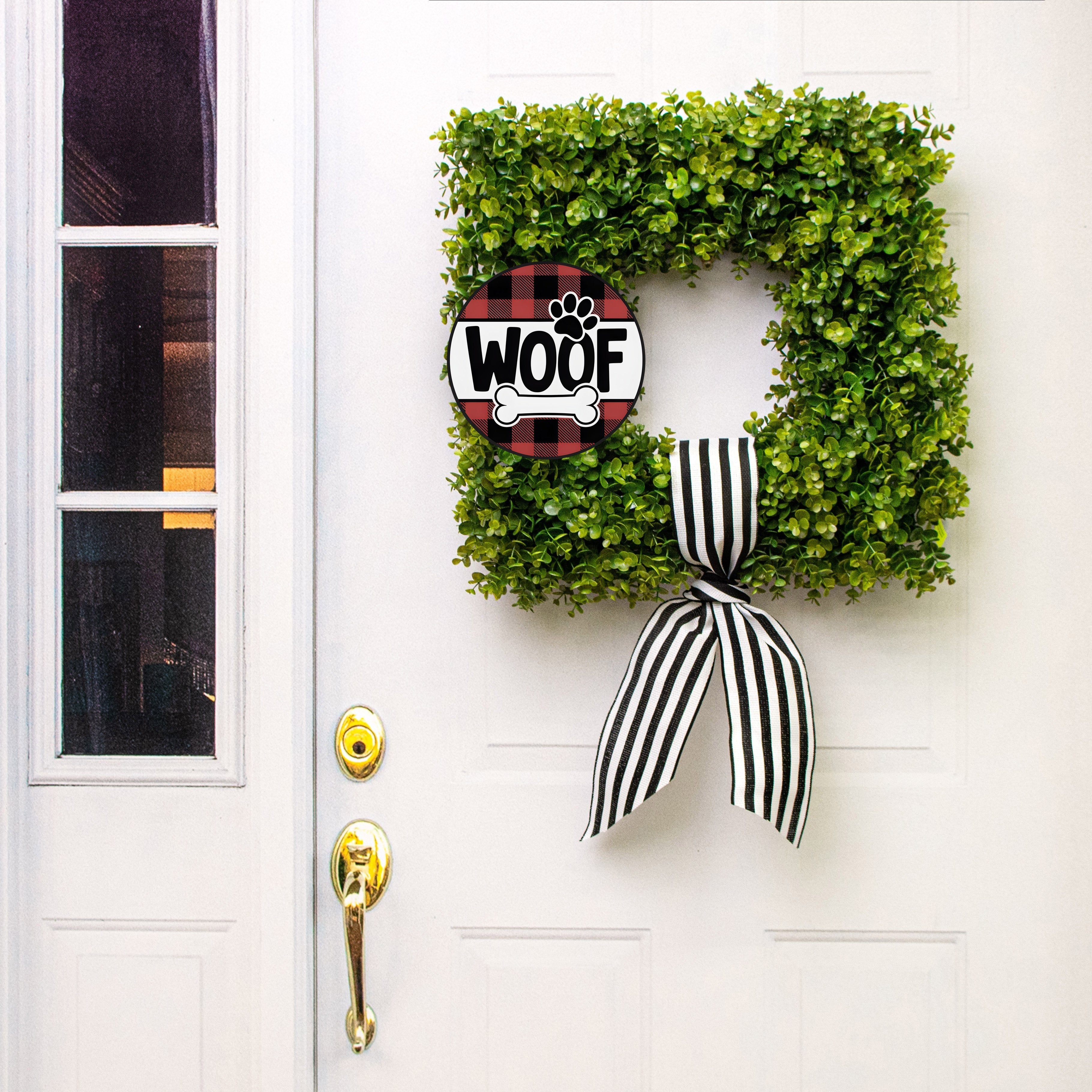 8.5" Round Waterproof Sign: Buffalo Plaid Woof Dog Lifestyle Photo