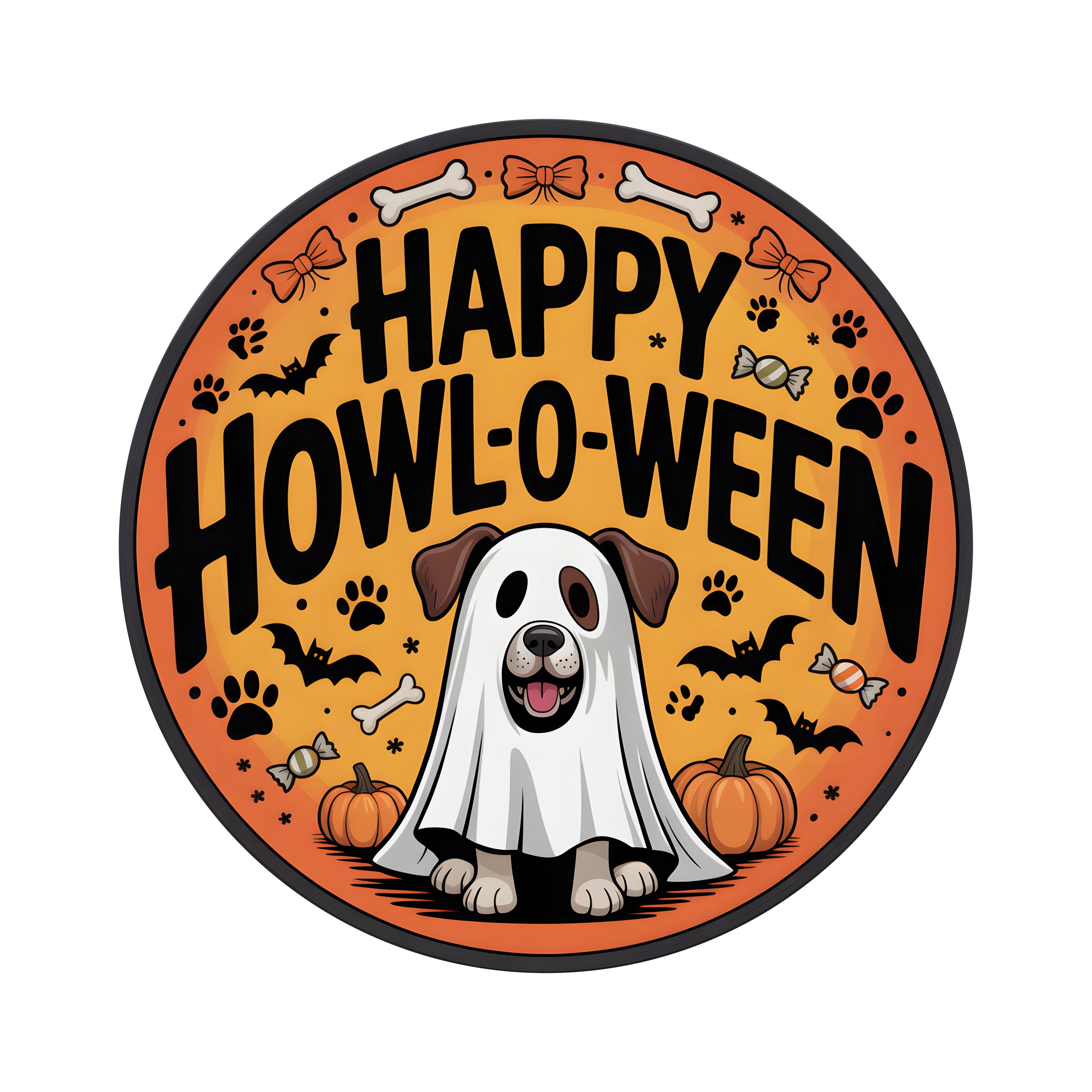 8.5" Round Waterproof Sign: Dog Ghost Happy Howl-O-Ween Item Number: CD1435NH-085
