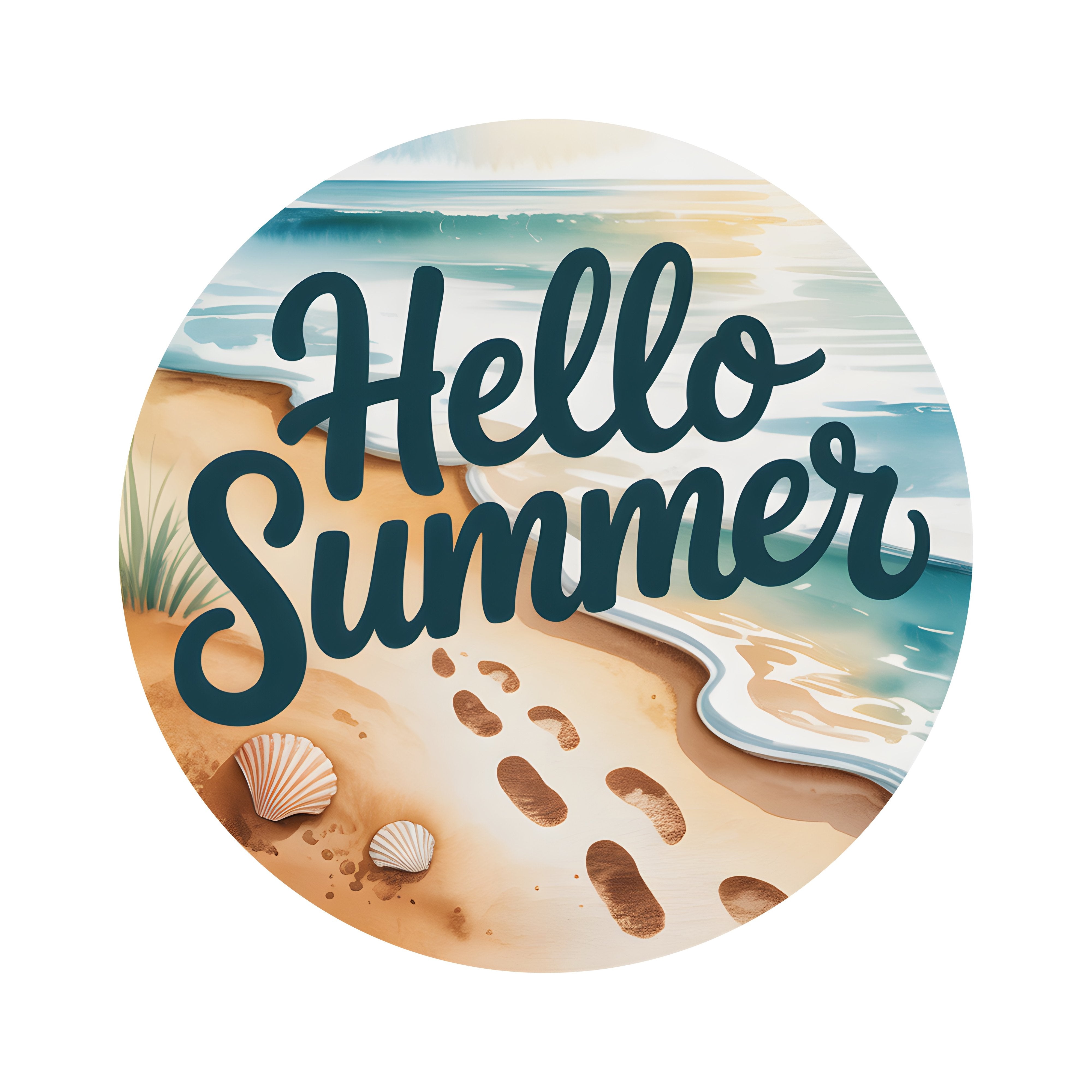 8.5" Round Waterproof Sign: Hello Summer Beach Footprints Item Number: CD1362NH-085