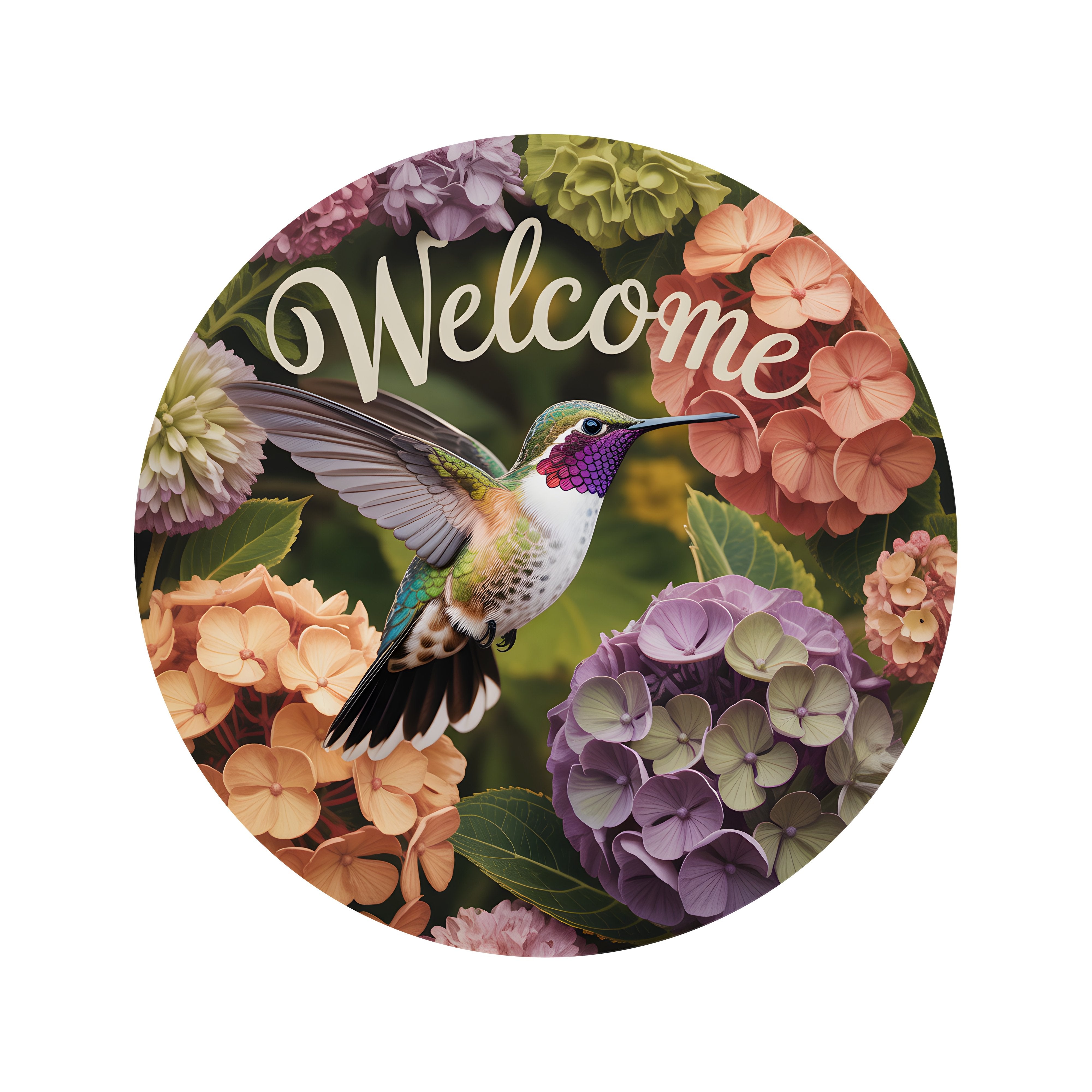 8.5" Round Waterproof Sign: Hummingbird Hydrangea Garden Welcome Item Number: CD1398NH-085