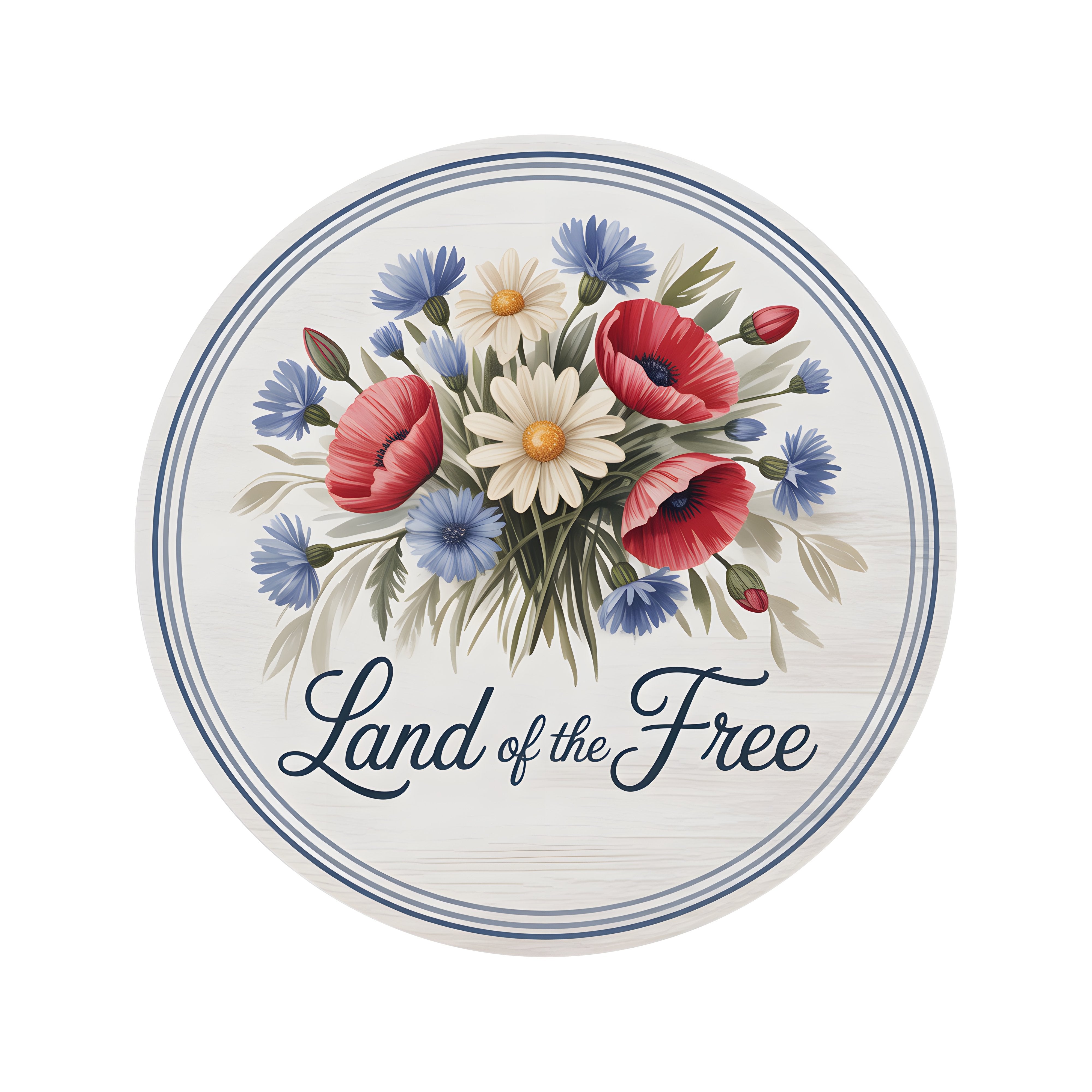 8.5" Round Waterproof Sign: Land of the Free Patriotic Wildflowers Item Number: CD1370NH-085