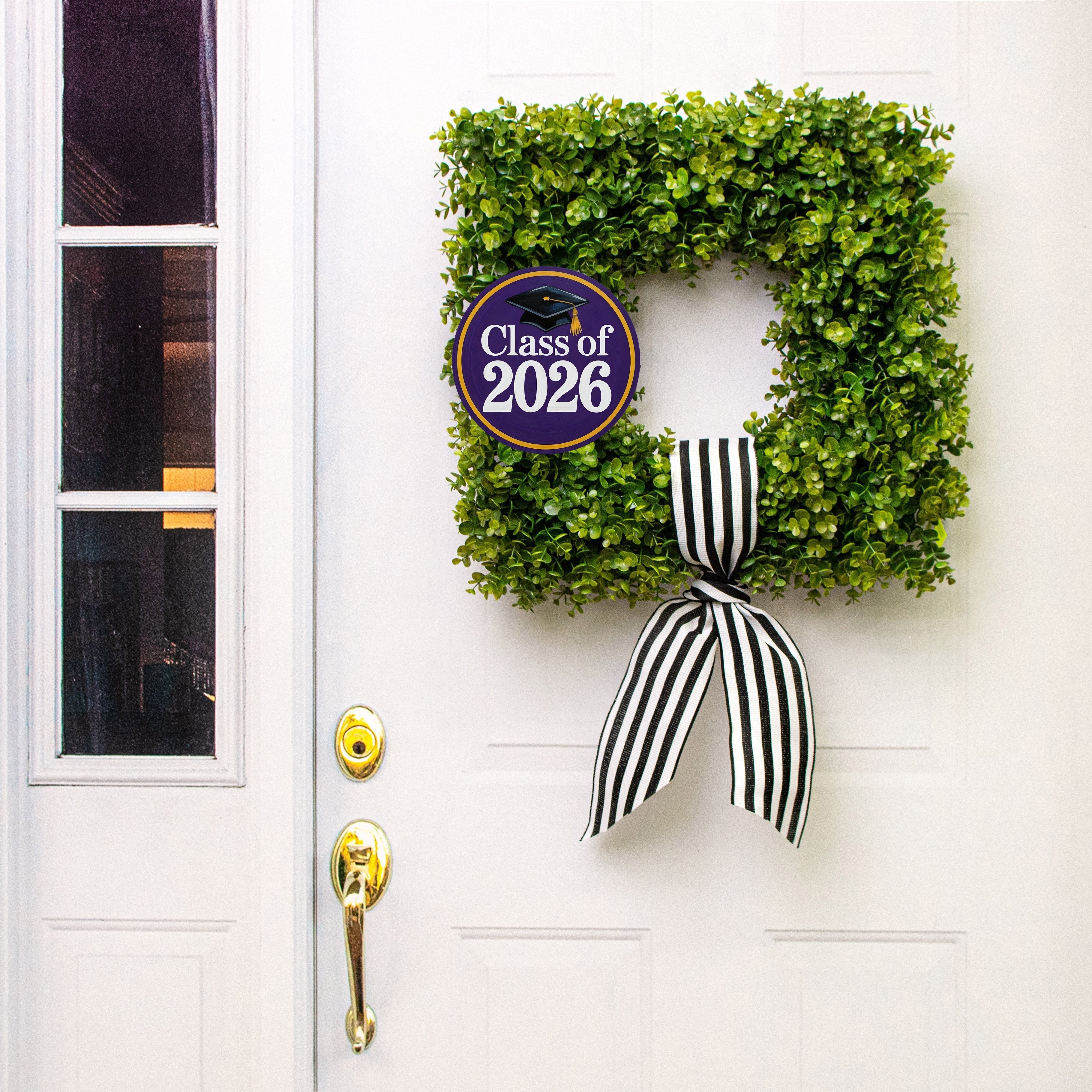 8.5" Round Waterproof Sign: Purple & Golden Yellow Graduation 2026 Lifestyle Photo